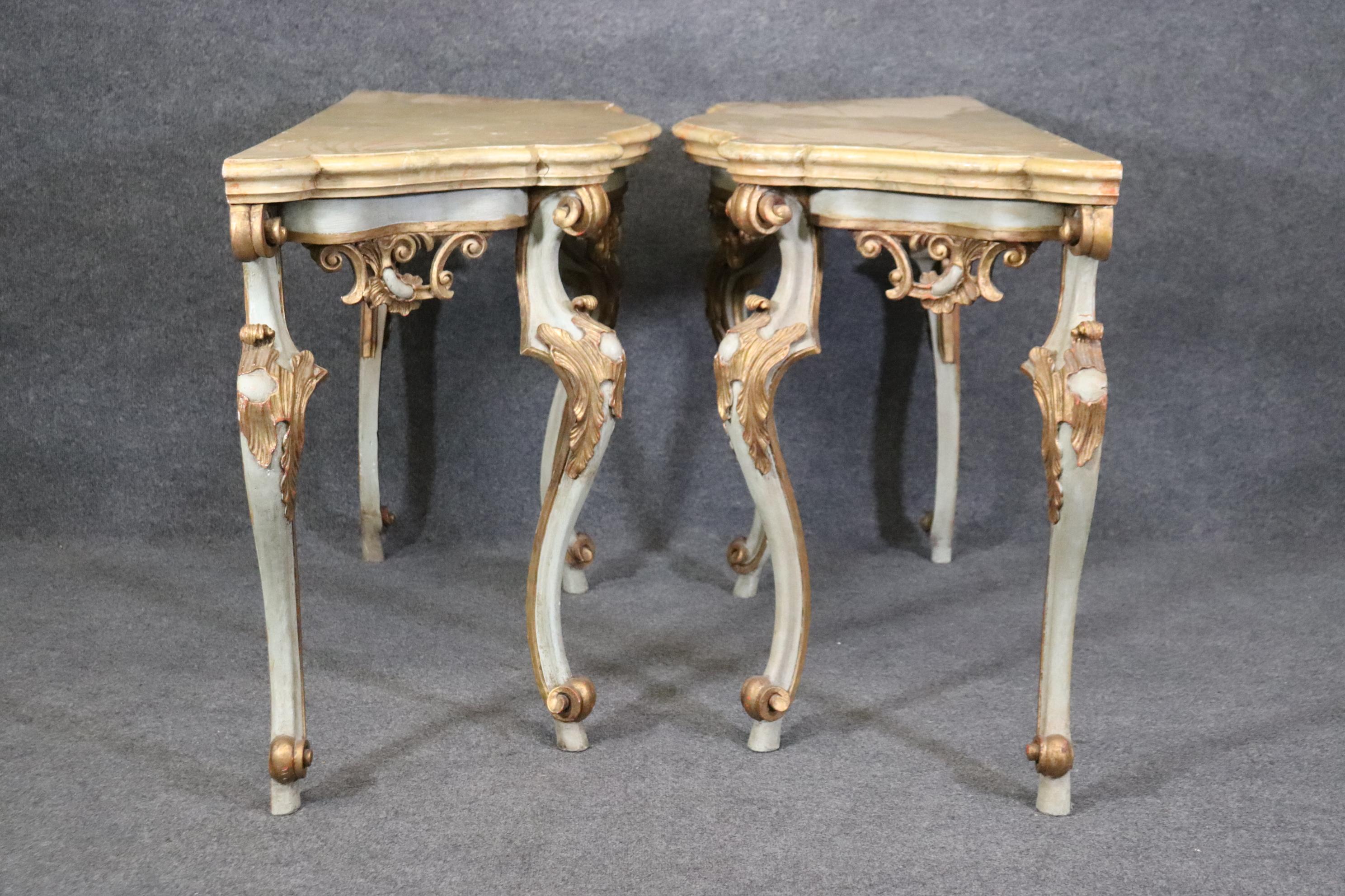 Pair Carved Paint Decorated Italian Rococo Faux Marble Top Console Tables  2