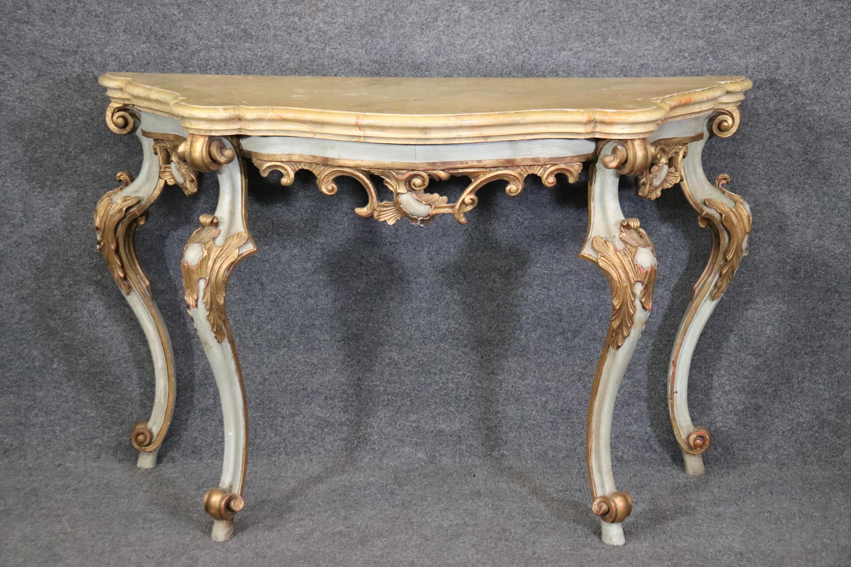 Pair Carved Paint Decorated Italian Rococo Faux Marble Top Console Tables  3