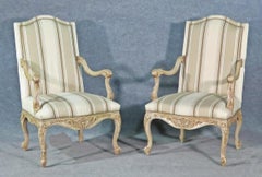 Pair Carved Painted French Louis XV Style Armchairs, Circa 1960