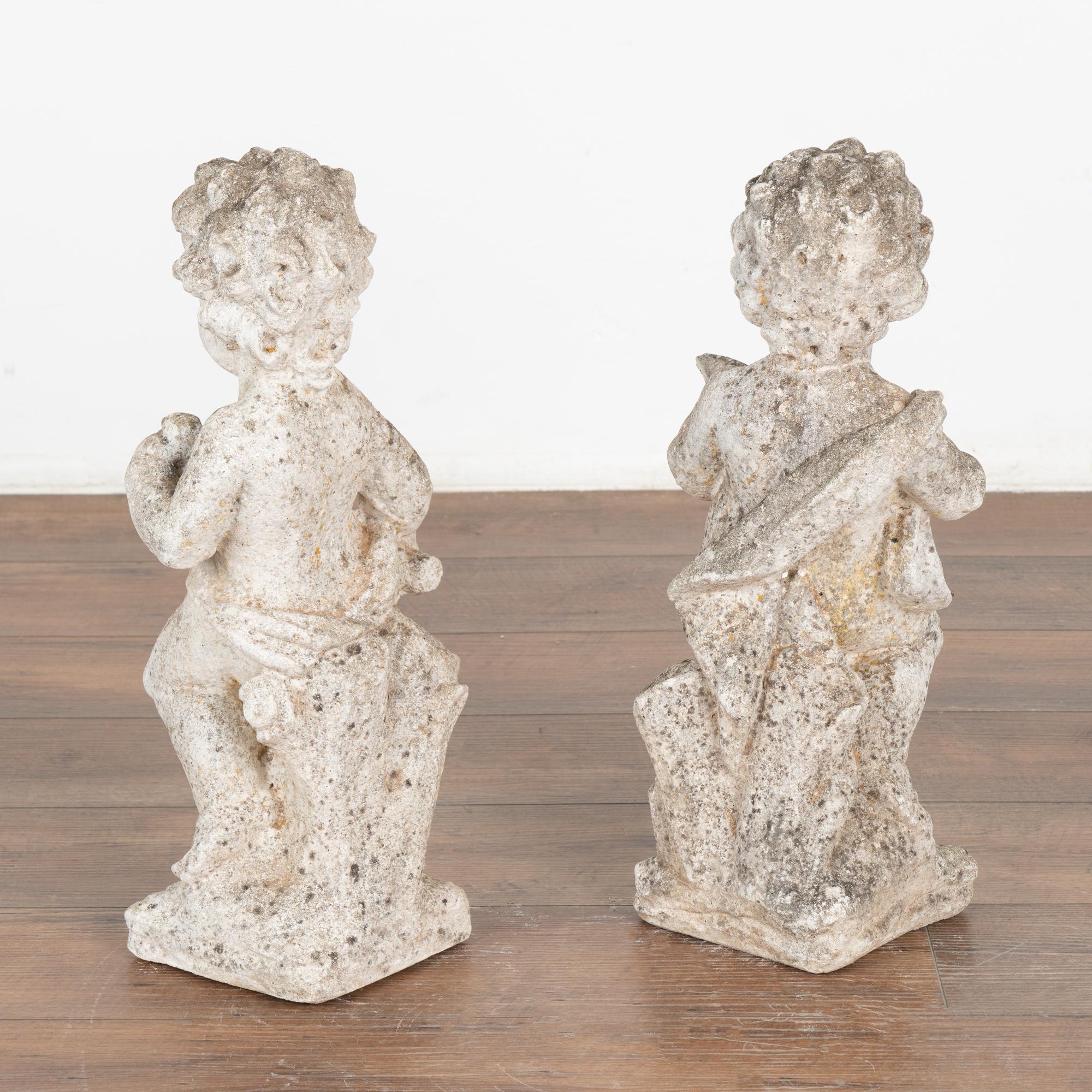 Pair, Carved Putti Garden Sculptures with Painters Pallet, Denmark circa 1920-40 For Sale 5