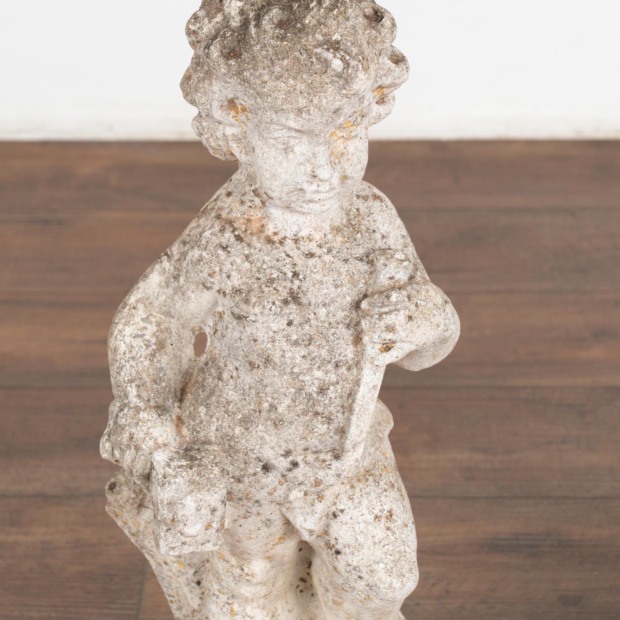 Limestone Pair, Carved Putti Garden Sculptures with Painters Pallet, Denmark circa 1920-40 For Sale