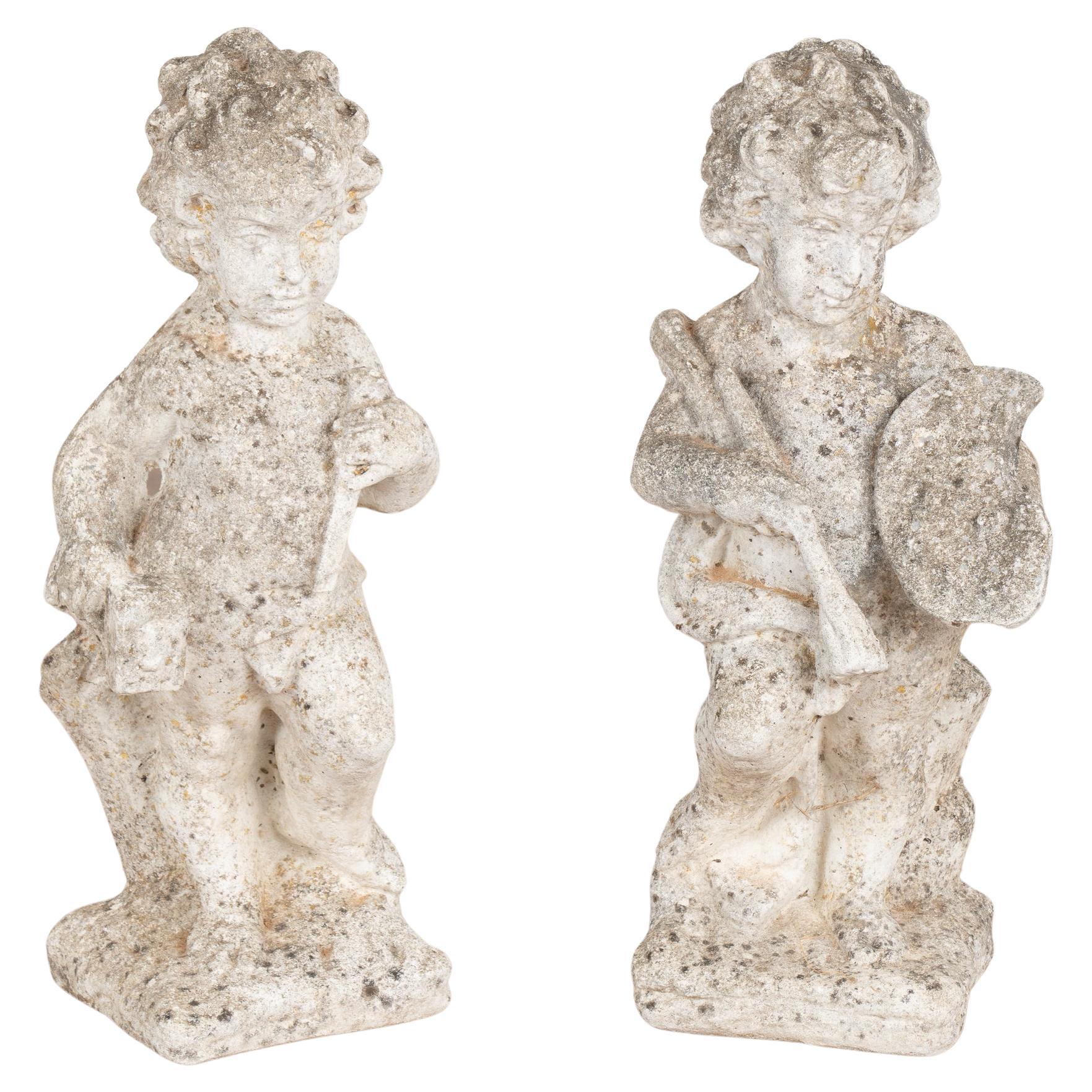 Pair, Carved Putti Garden Sculptures with Painters Pallet, Denmark circa 1920-40 For Sale