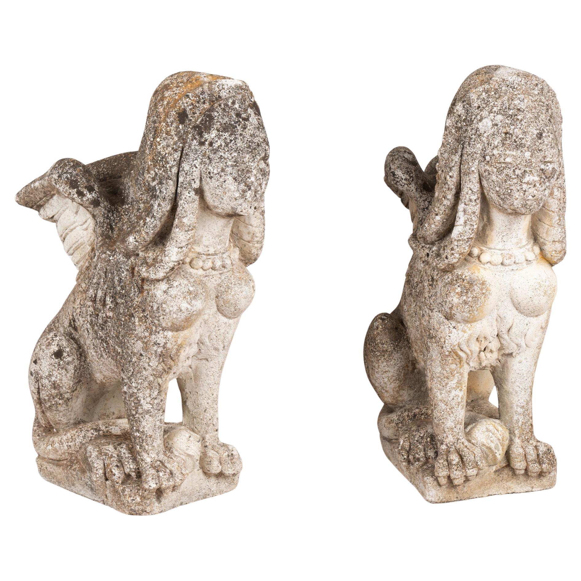 Pair, Carved Sphinx Garden Statues, France circa 1910 For Sale