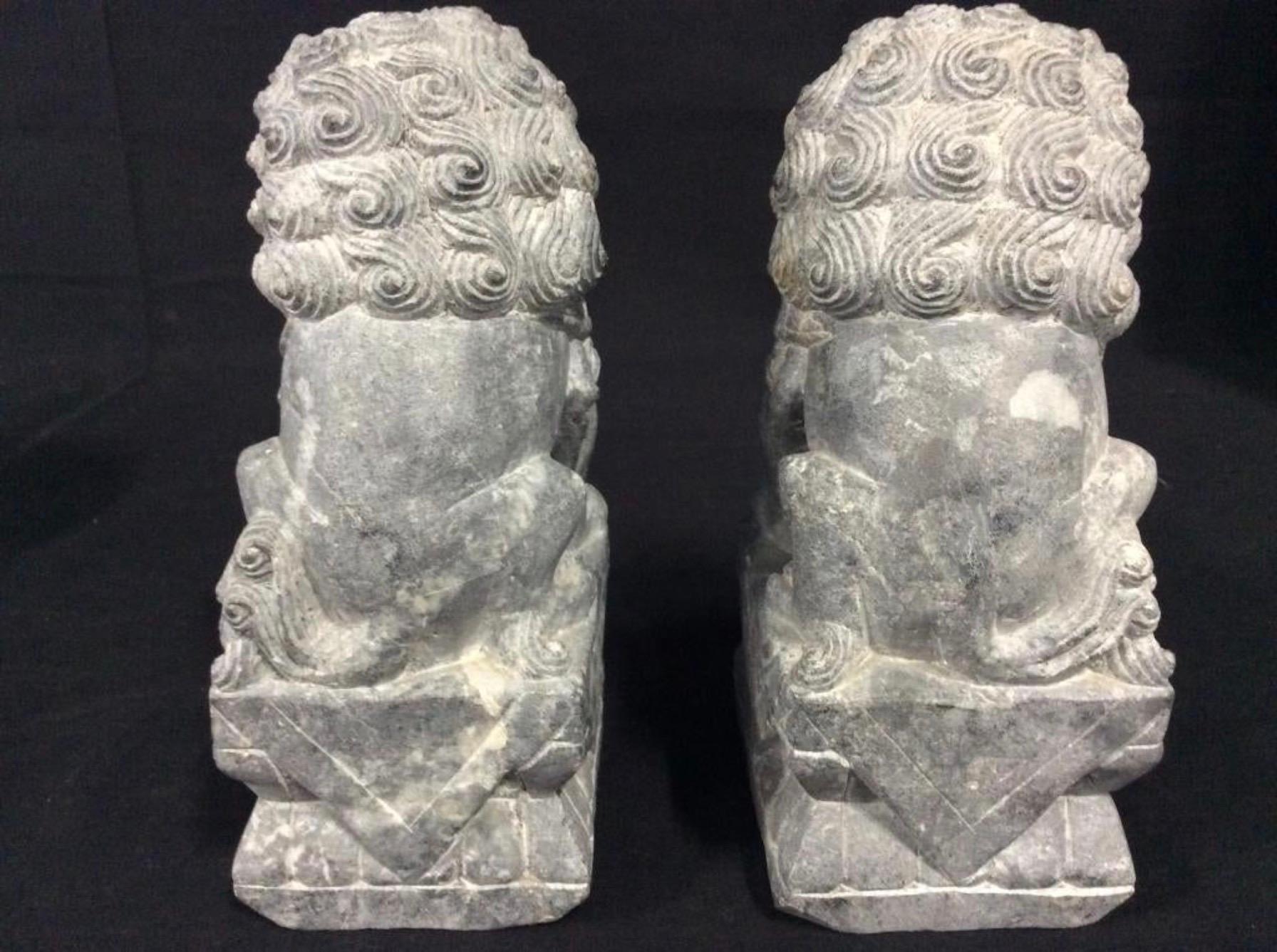 Archaistic Pair of Carved Stone Foo Dogs