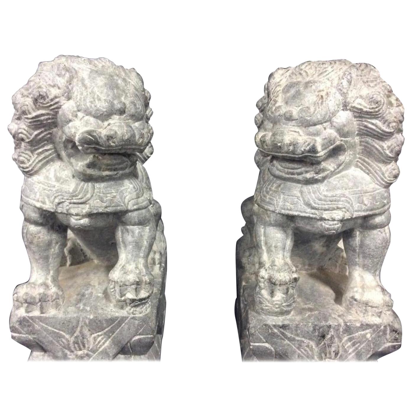 Pair of Carved Stone Foo Dogs
