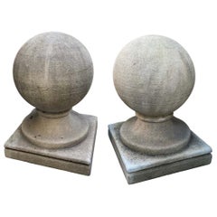 Pair Carved Stone Gate Pier Pillar Sphere Ball Finials on Pedestal Base Antiques