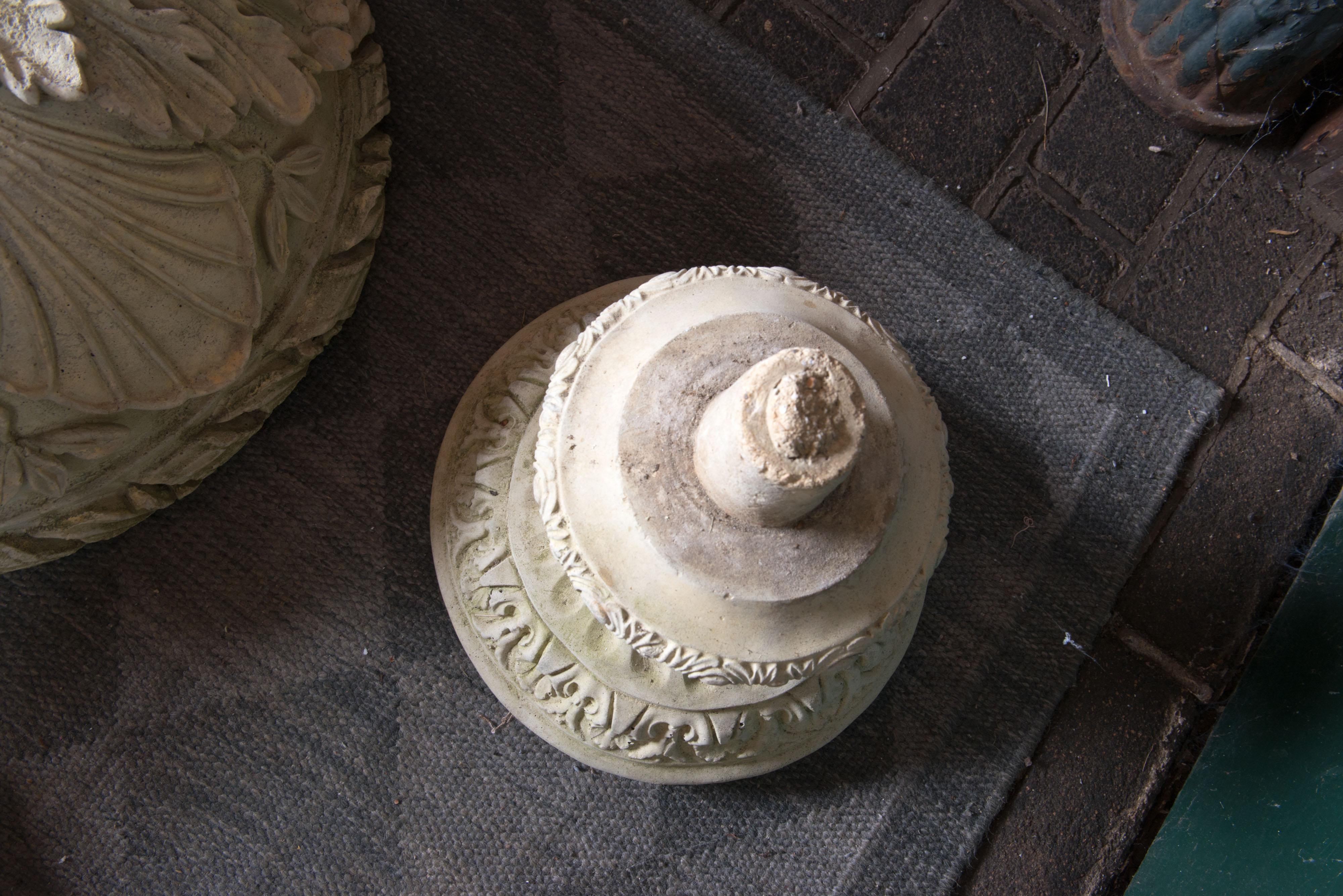Cast Stone Pair Carved Stone Pedestal Urns