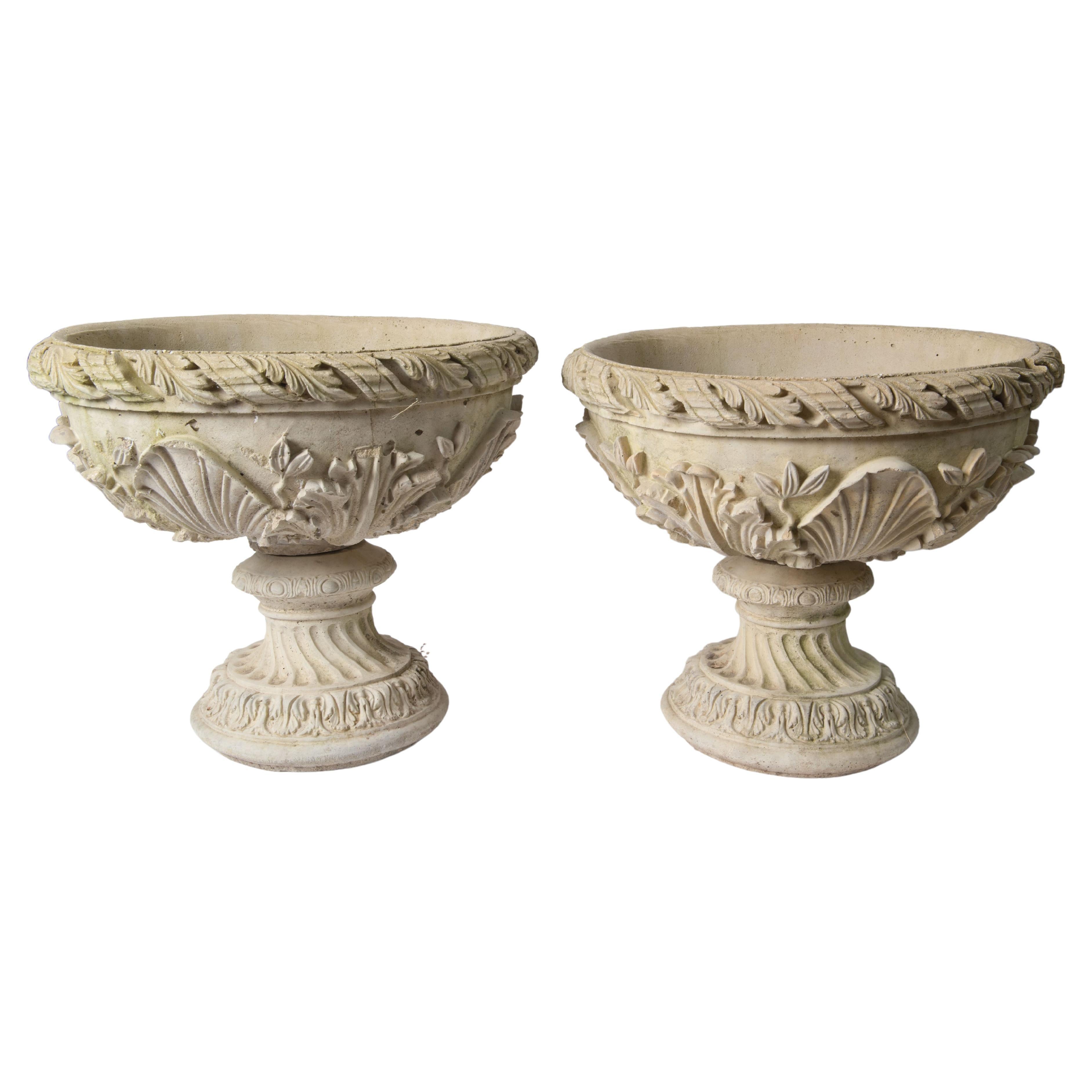 Pair Carved Stone Pedestal Urns