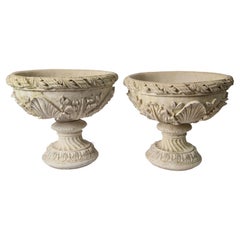Antique Pair Carved Stone Pedestal Urns