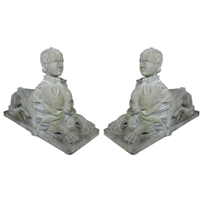 PAIR CARVED STONE SPHINXES For Sale