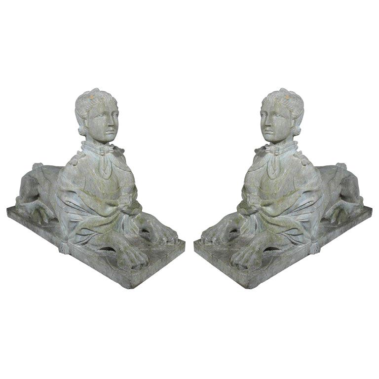 PAIR CARVED STONE SPHINXES For Sale