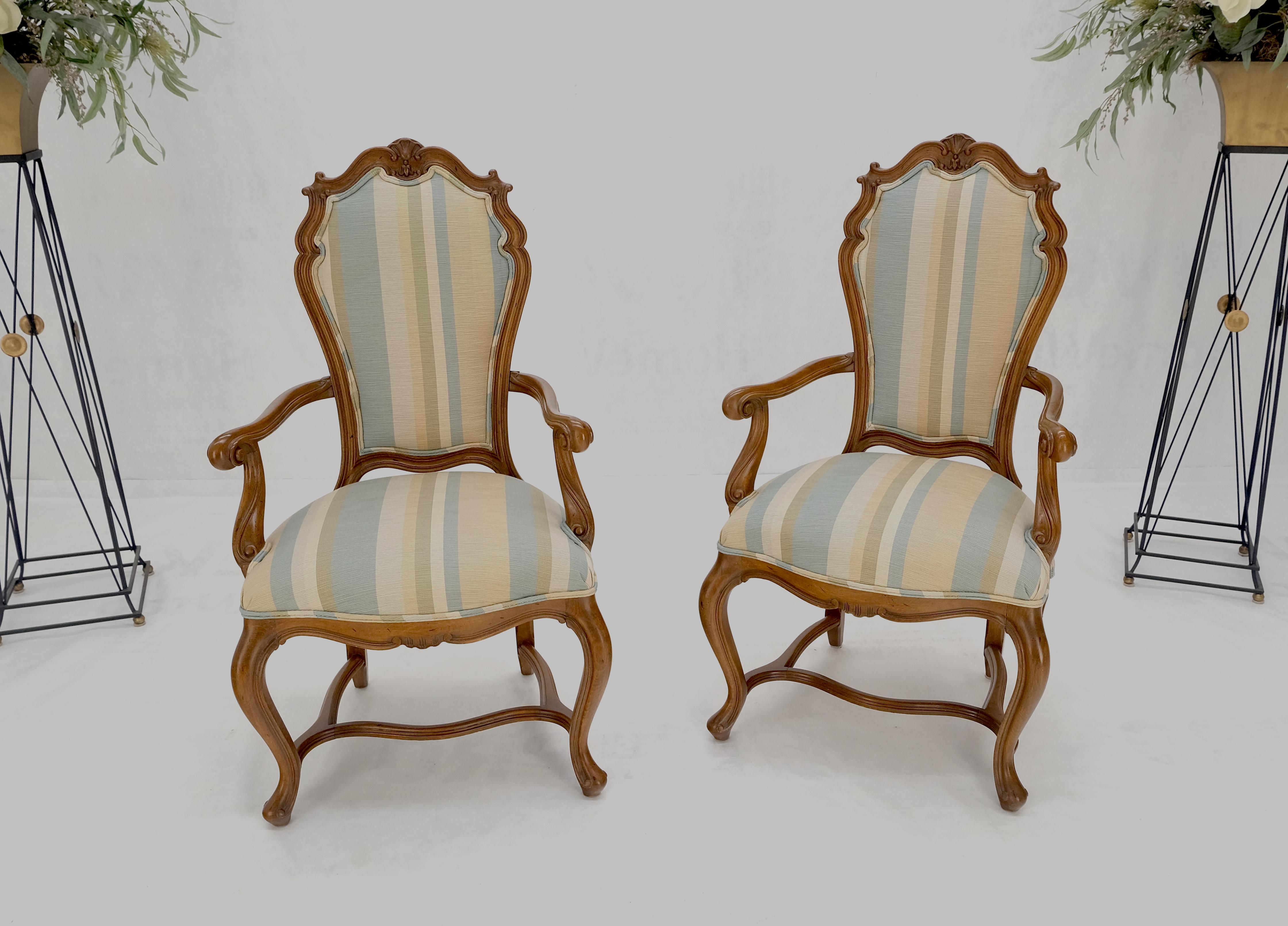 Pair Carved Striped Upholstery Tall Backs Carved Walnut Scallop Design Decorated For Sale 5