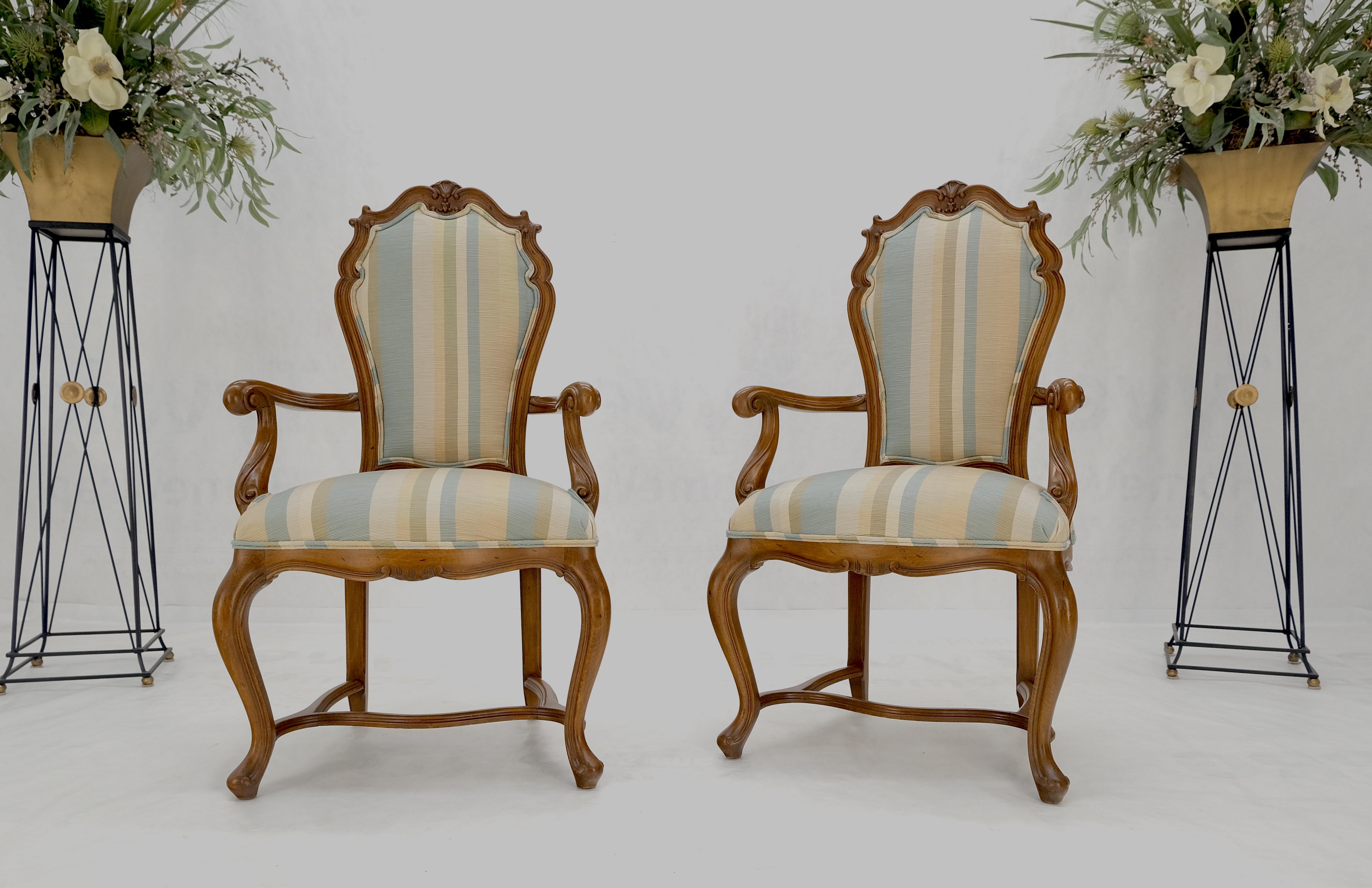 Pair Carved Striped Upholstery Tall Backs Carved Walnut Scallop Design Decorated For Sale 7