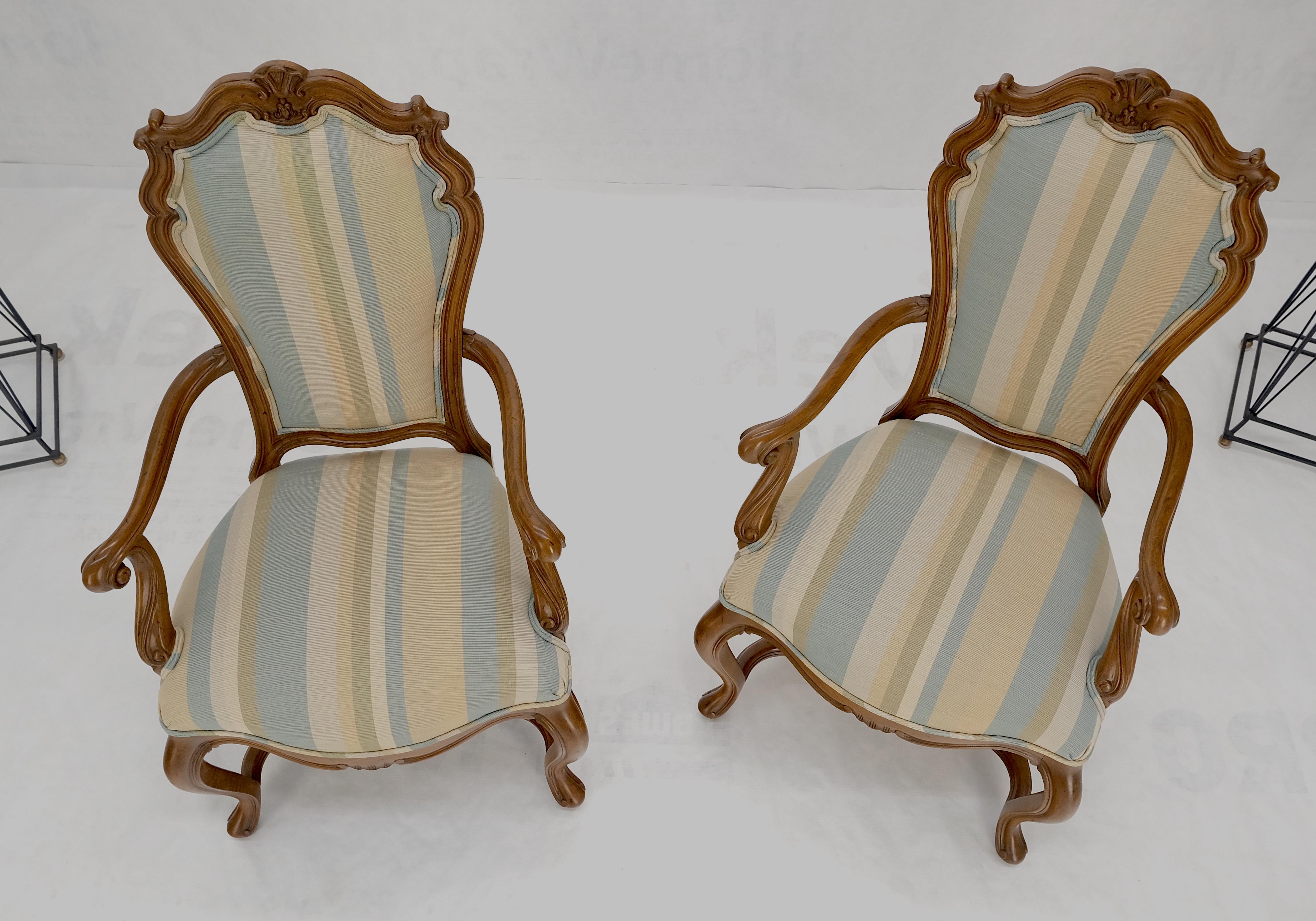 Pair Carved Striped Upholstery Tall Backs Carved Walnut Scallop Design Decorated For Sale 9