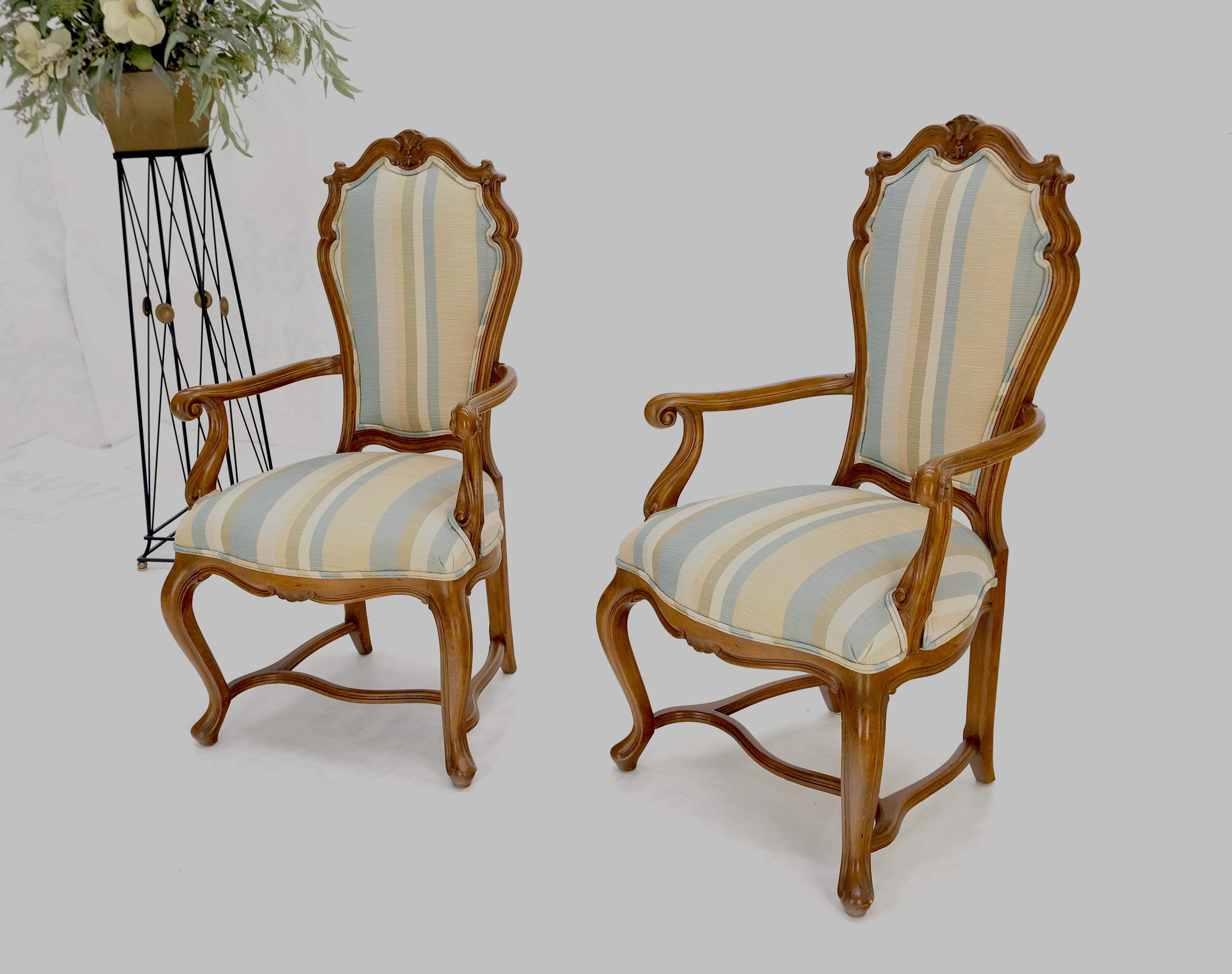 Pair Carved Striped Upholstery Tall Backs Carved Walnut Scallop Design Decorated For Sale 10