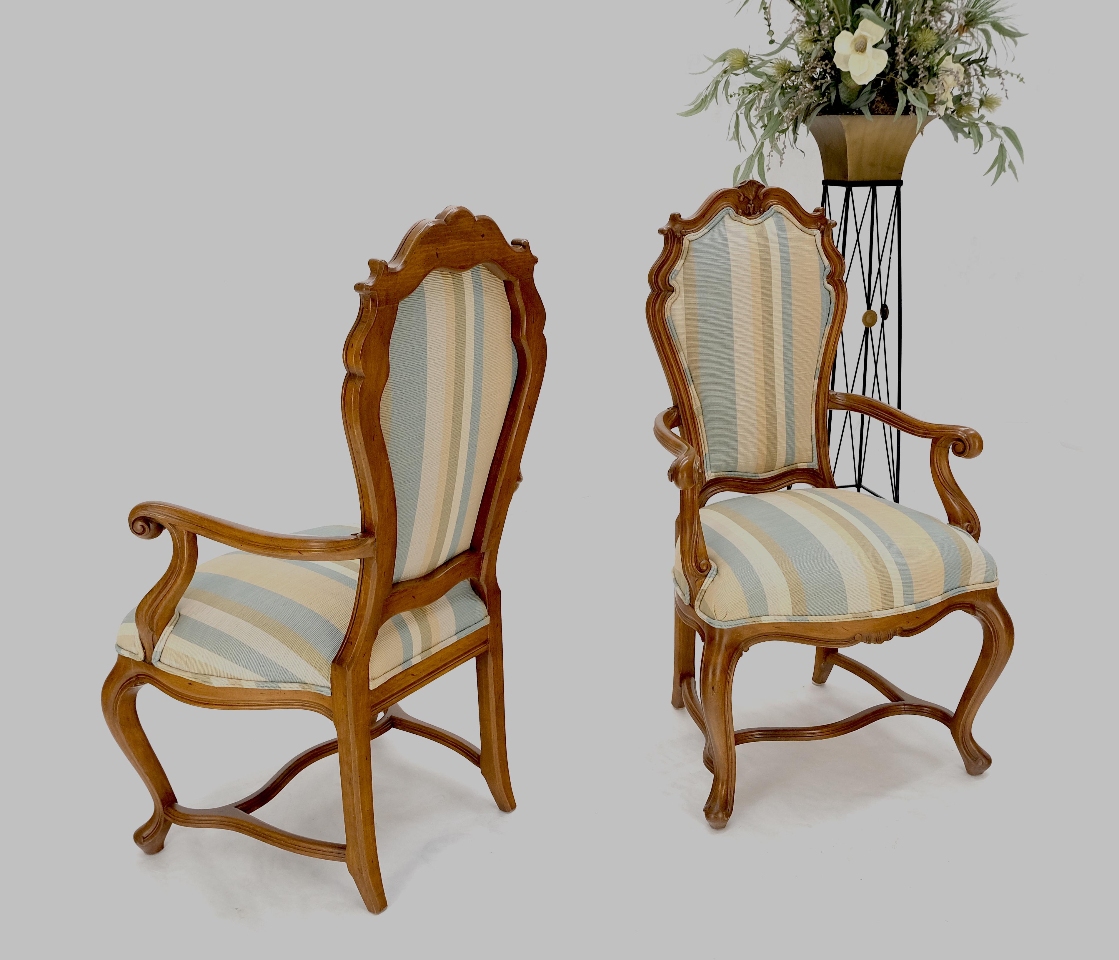 Rococo Pair Carved Striped Upholstery Tall Backs Carved Walnut Scallop Design Decorated For Sale