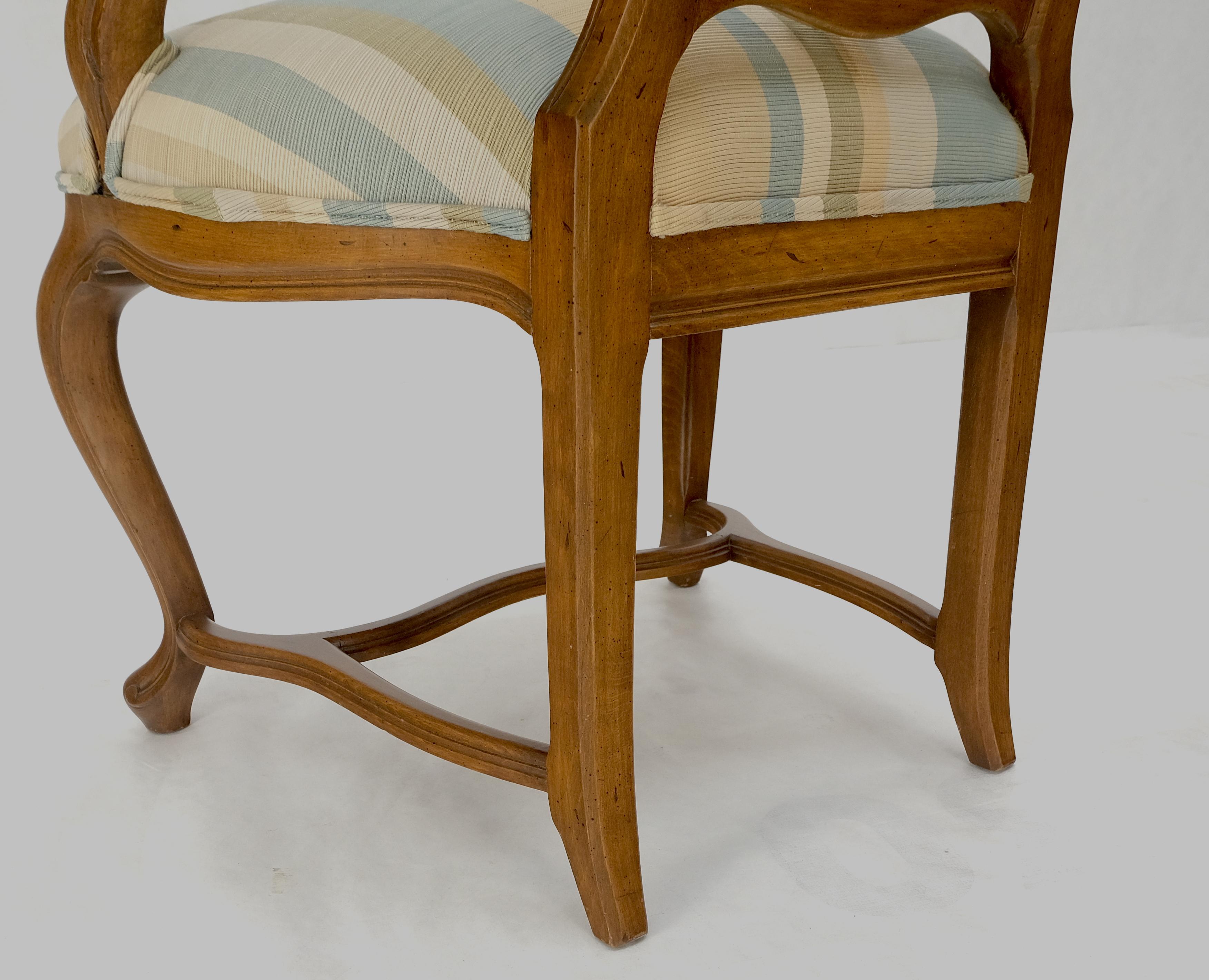 20th Century Pair Carved Striped Upholstery Tall Backs Carved Walnut Scallop Design Decorated For Sale