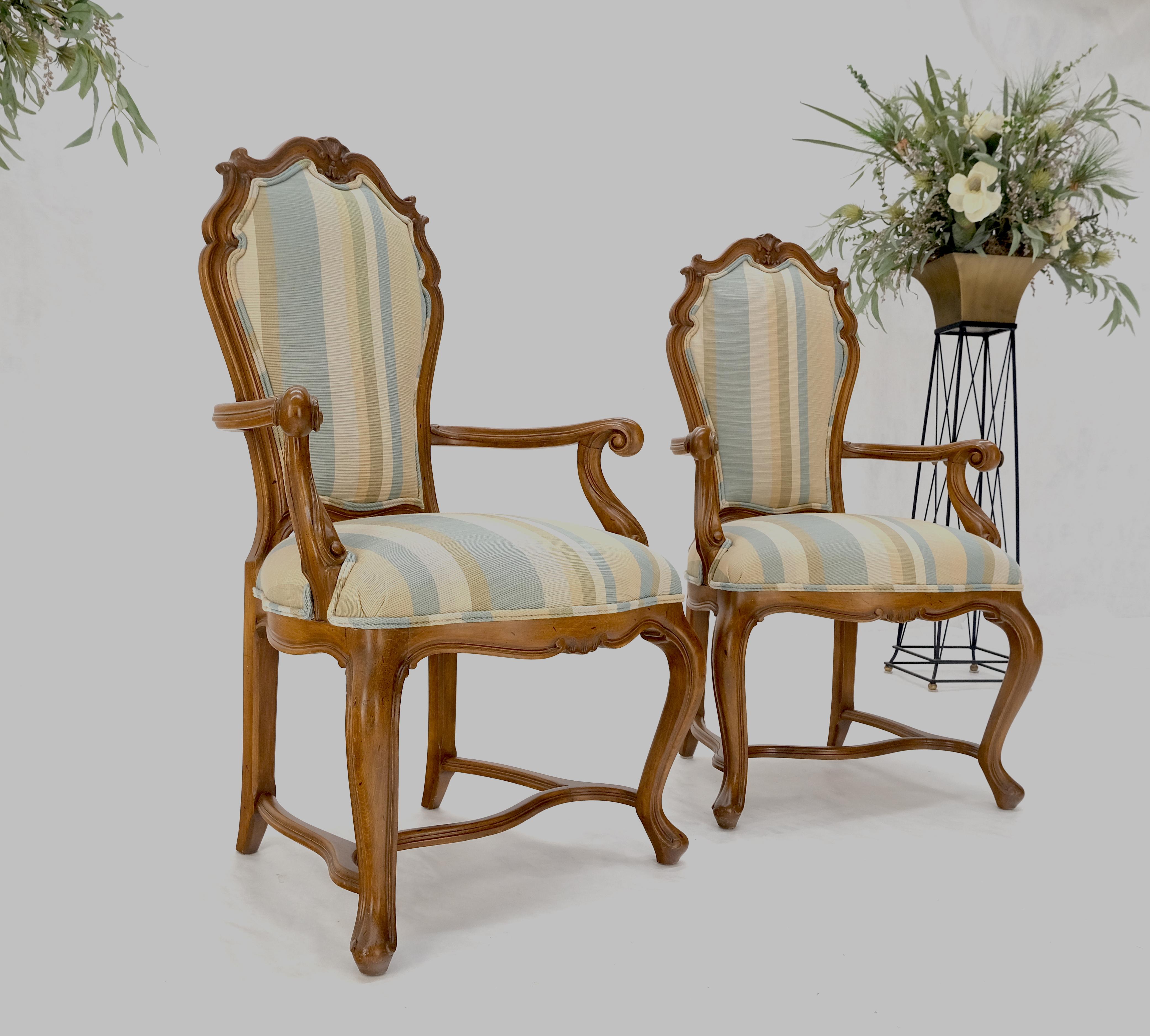 Pair Carved Striped Upholstery Tall Backs Carved Walnut Scallop Design Decorated For Sale 1