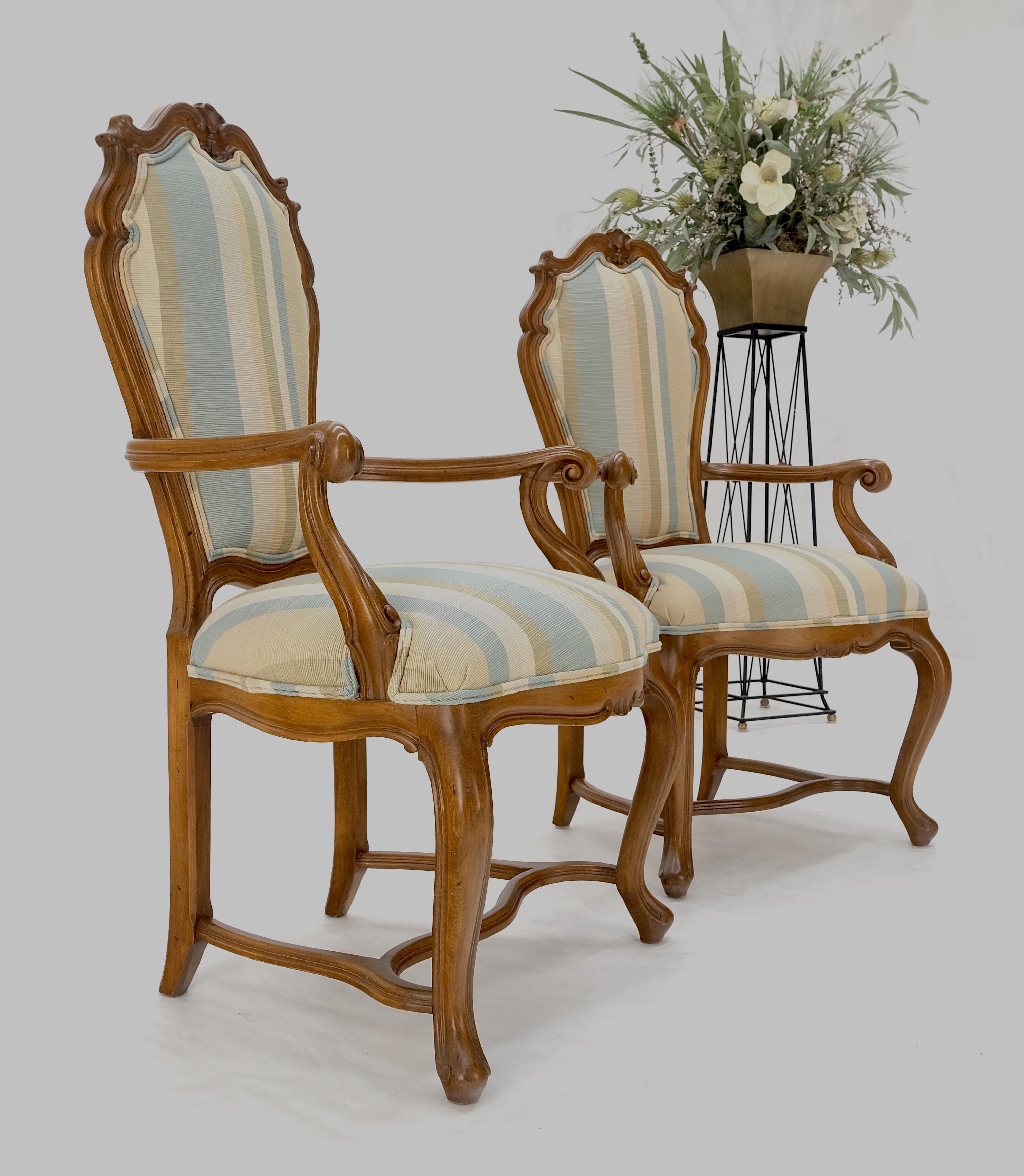 Pair Carved Striped Upholstery Tall Backs Carved Walnut Scallop Design Decorated For Sale 3