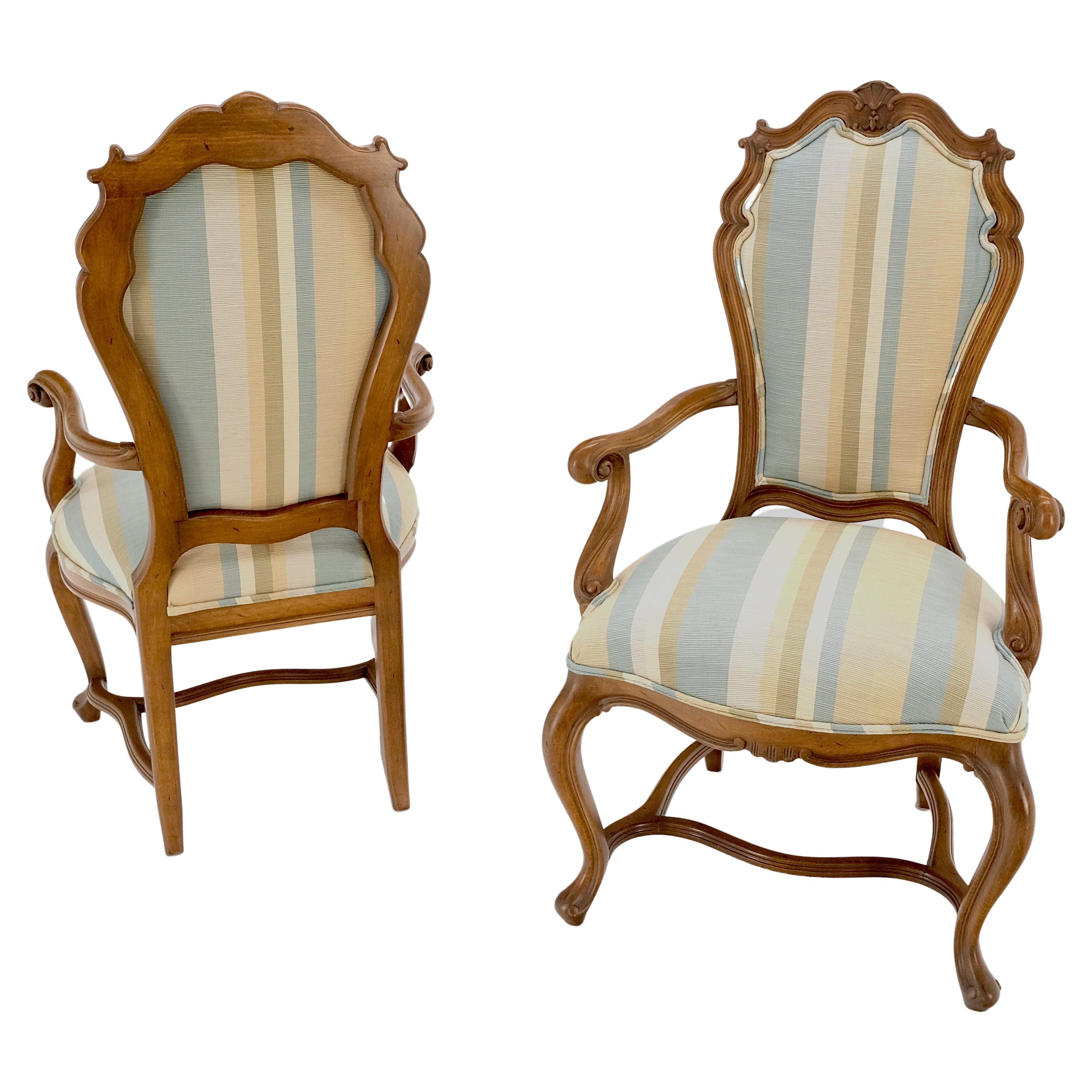 Pair Carved Striped Upholstery Tall Backs Carved Walnut Scallop Design Decorated For Sale