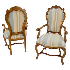 Vintage Pair Carved Striped Upholstery Tall Backs Carved Walnut Scallop Design Decorated