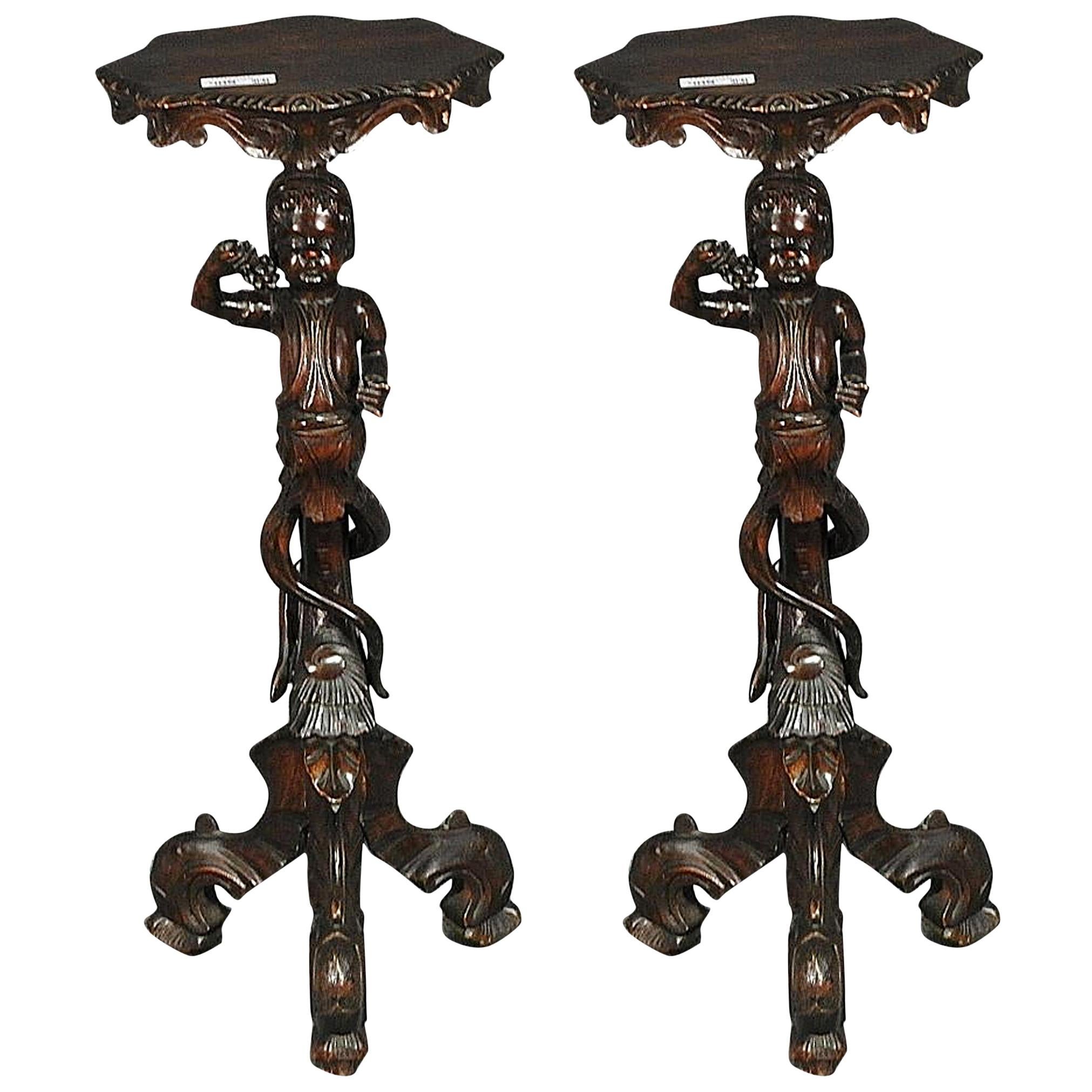 Pair of Carved Walnut Figural Italian Renaissance Pedestal Stand Side Tables For Sale