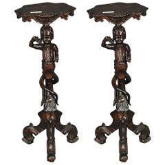 Antique Pair of Carved Walnut Figural Italian Renaissance Pedestal Stand Side Tables