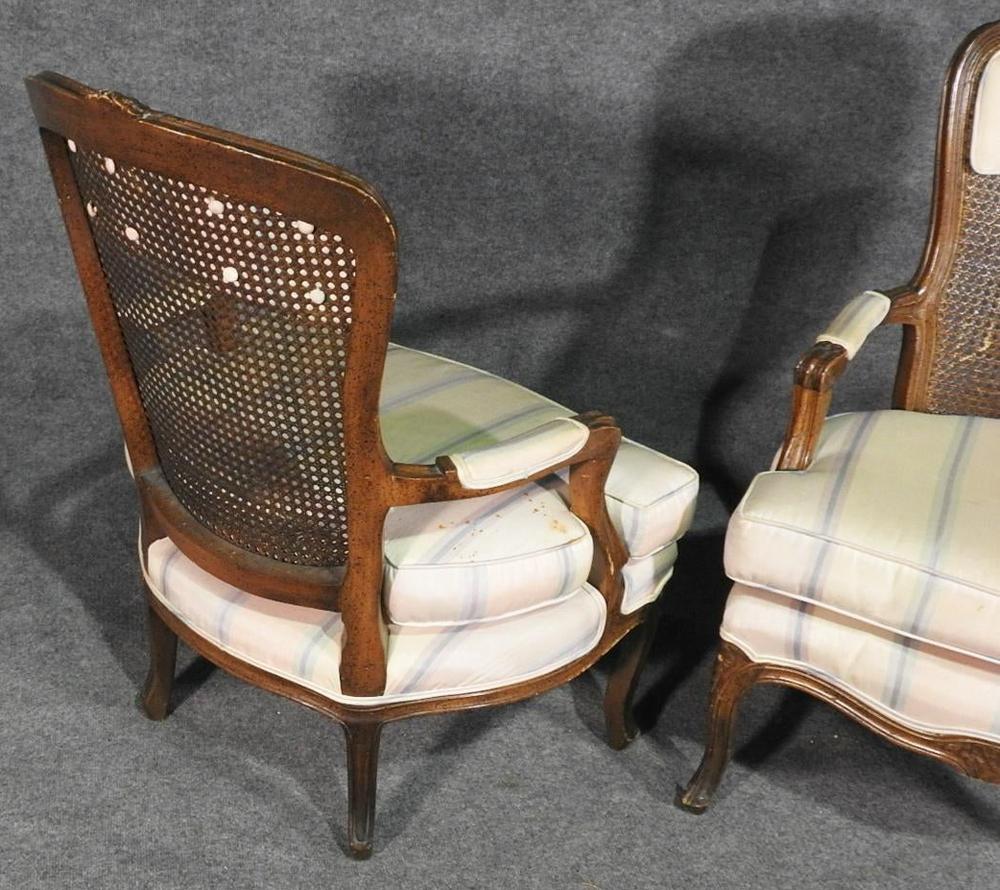 Pair of Carved Walnut French Louis XV Cane Back Upholstered Armchairs circa 1950 In Good Condition In Swedesboro, NJ