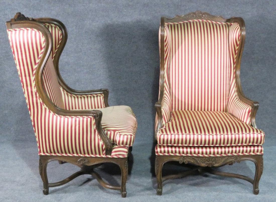 Pair of Carved Walnut French Louis XV Fireside Parlor Bergère Chairs circa 1940s In Good Condition In Swedesboro, NJ