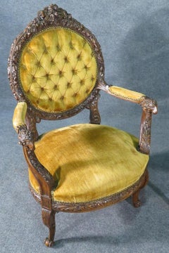 Pair of Carved Walnut Louis XV Rams Head Armchairs Parlor Chairs circa 1890s