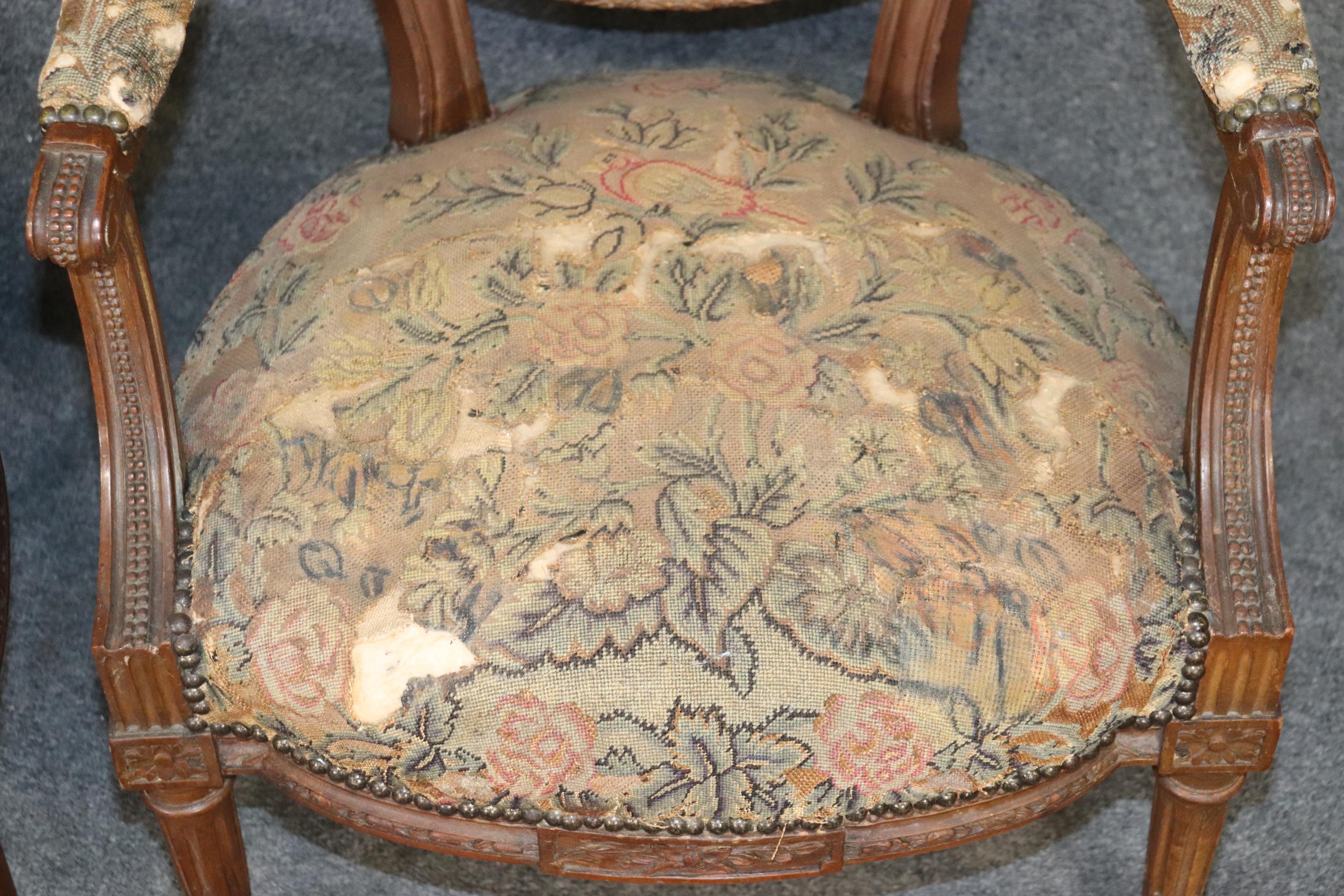 Pair Carved Walnut French Louis XVI Needlepoint Armchairs, Circa 1880 For Sale 6