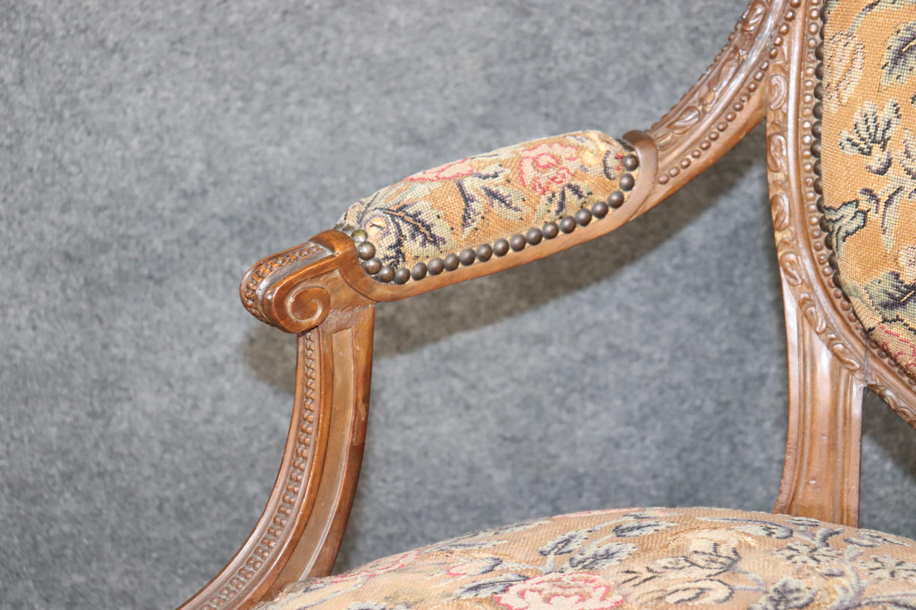 Pair Carved Walnut French Louis XVI Needlepoint Armchairs, Circa 1880 For Sale 8