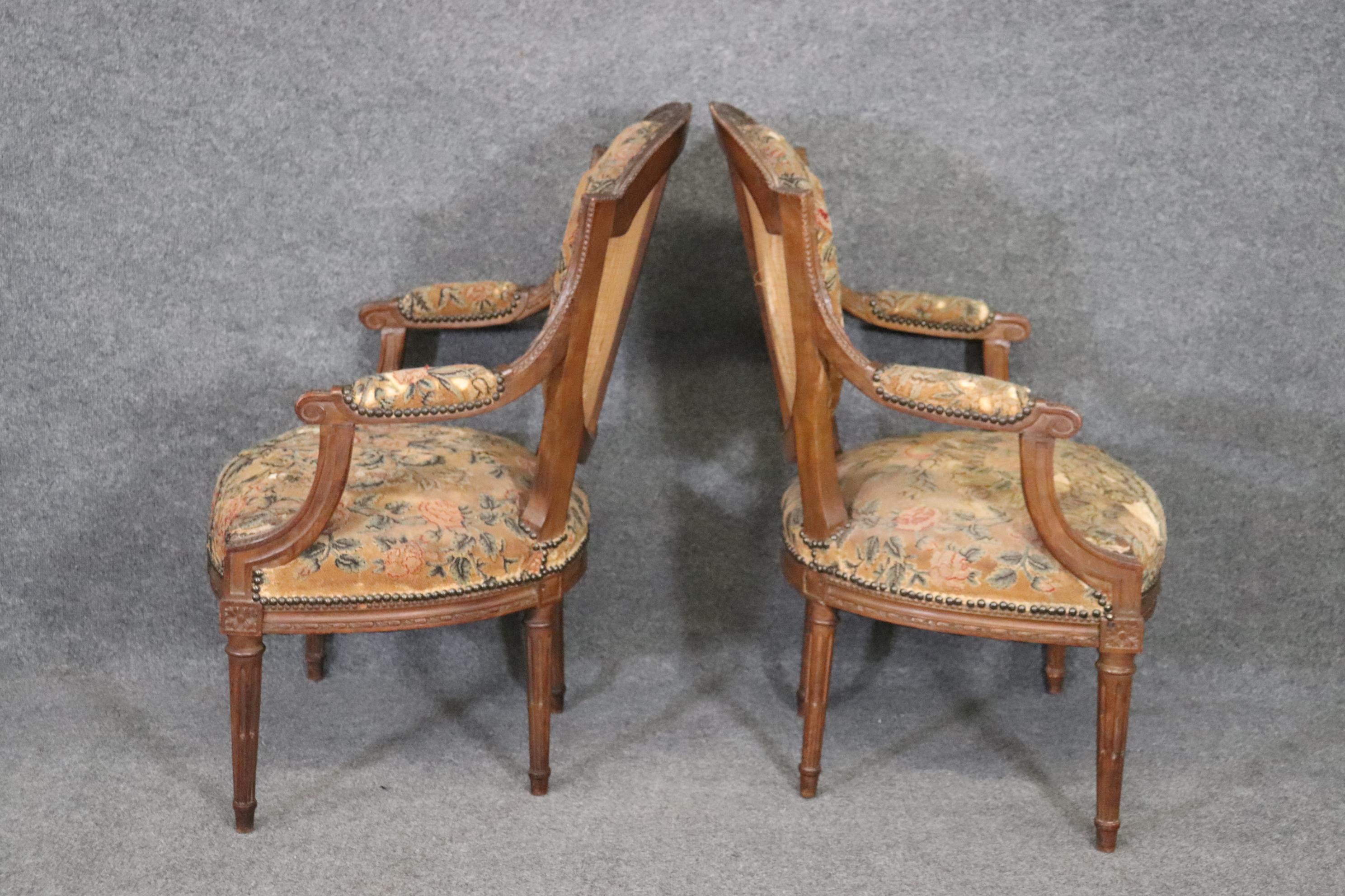 Late 19th Century Pair Carved Walnut French Louis XVI Needlepoint Armchairs, Circa 1880 For Sale