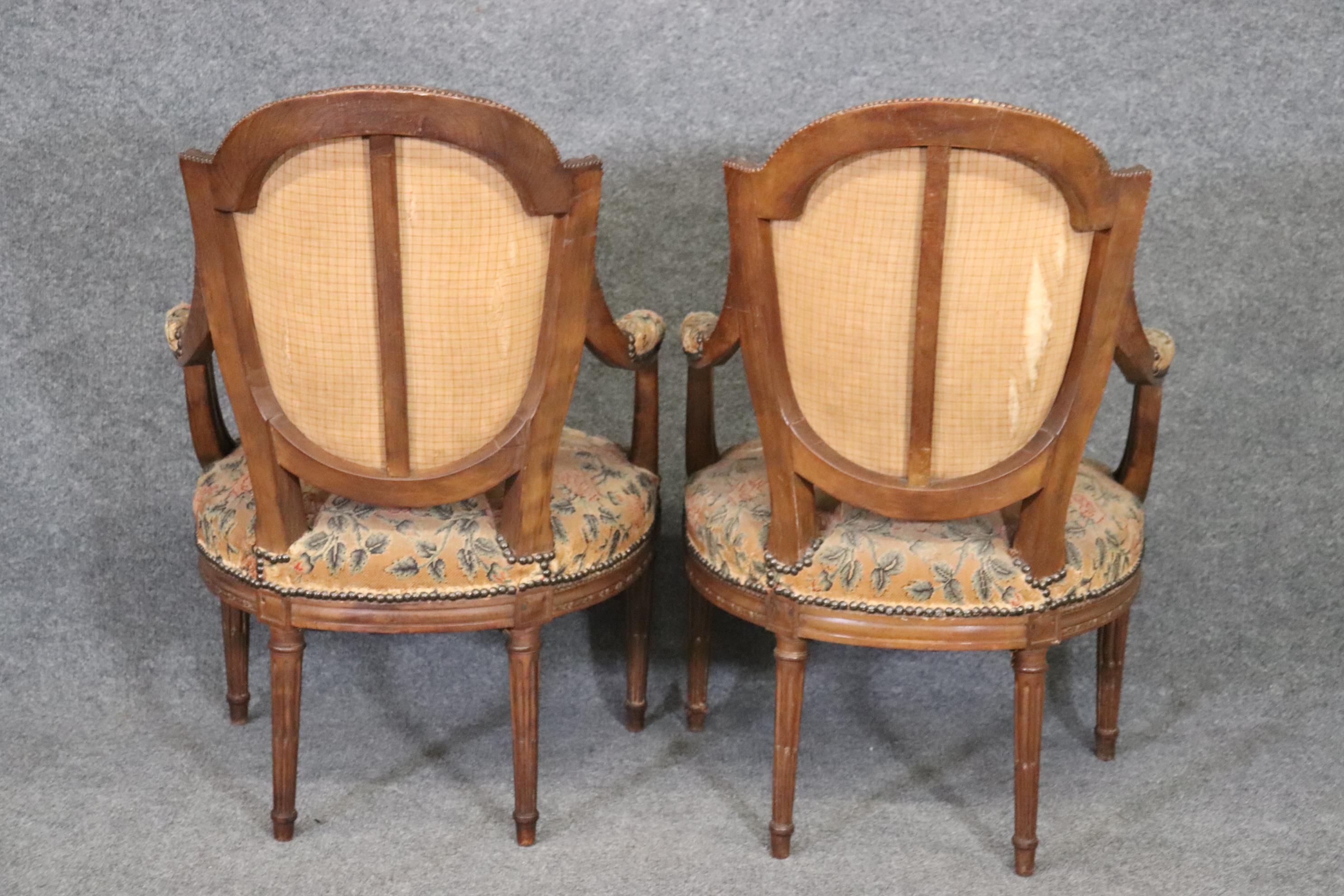 Pair Carved Walnut French Louis XVI Needlepoint Armchairs, Circa 1880 For Sale 1