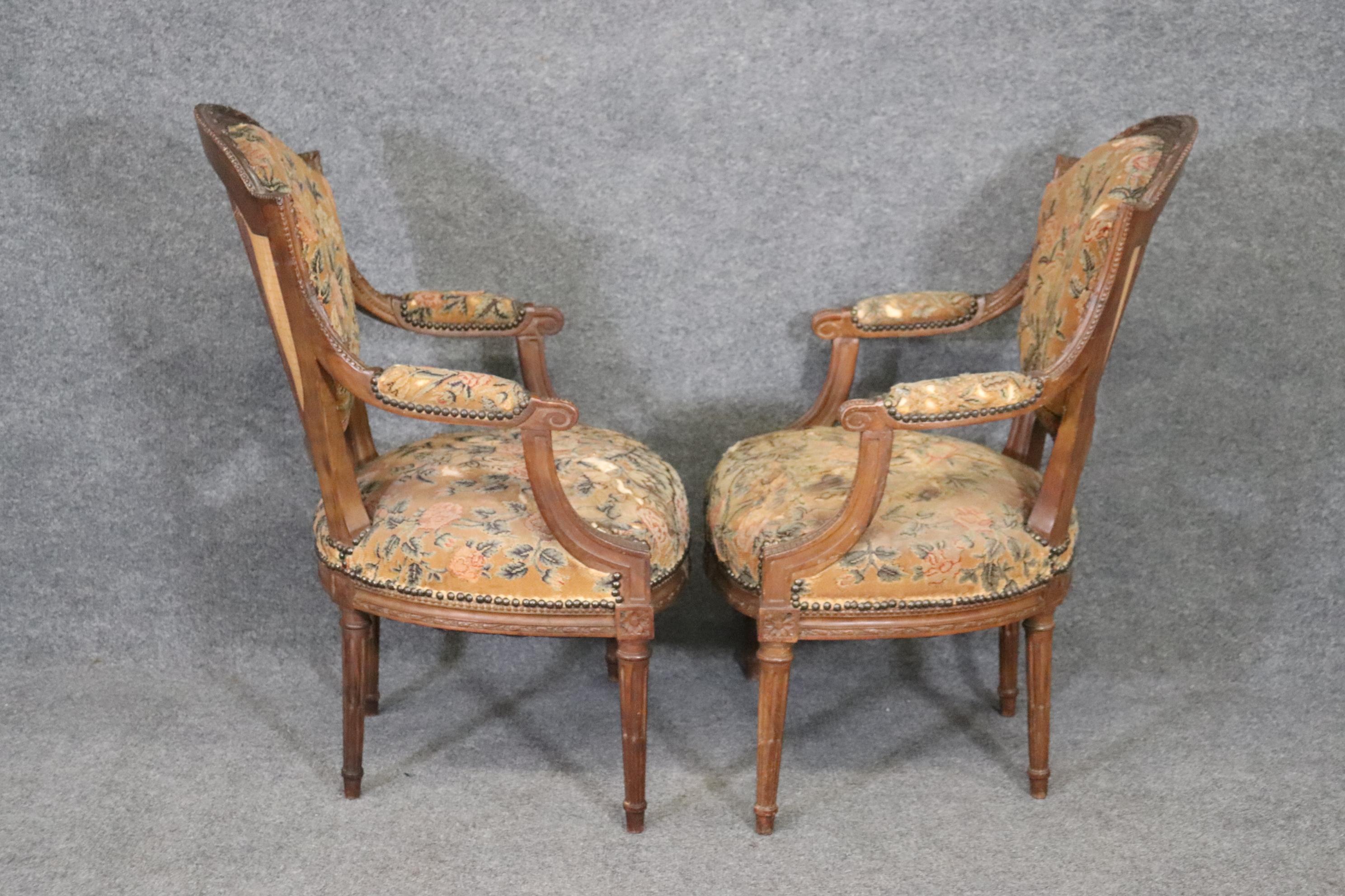 Pair Carved Walnut French Louis XVI Needlepoint Armchairs, Circa 1880 For Sale 2