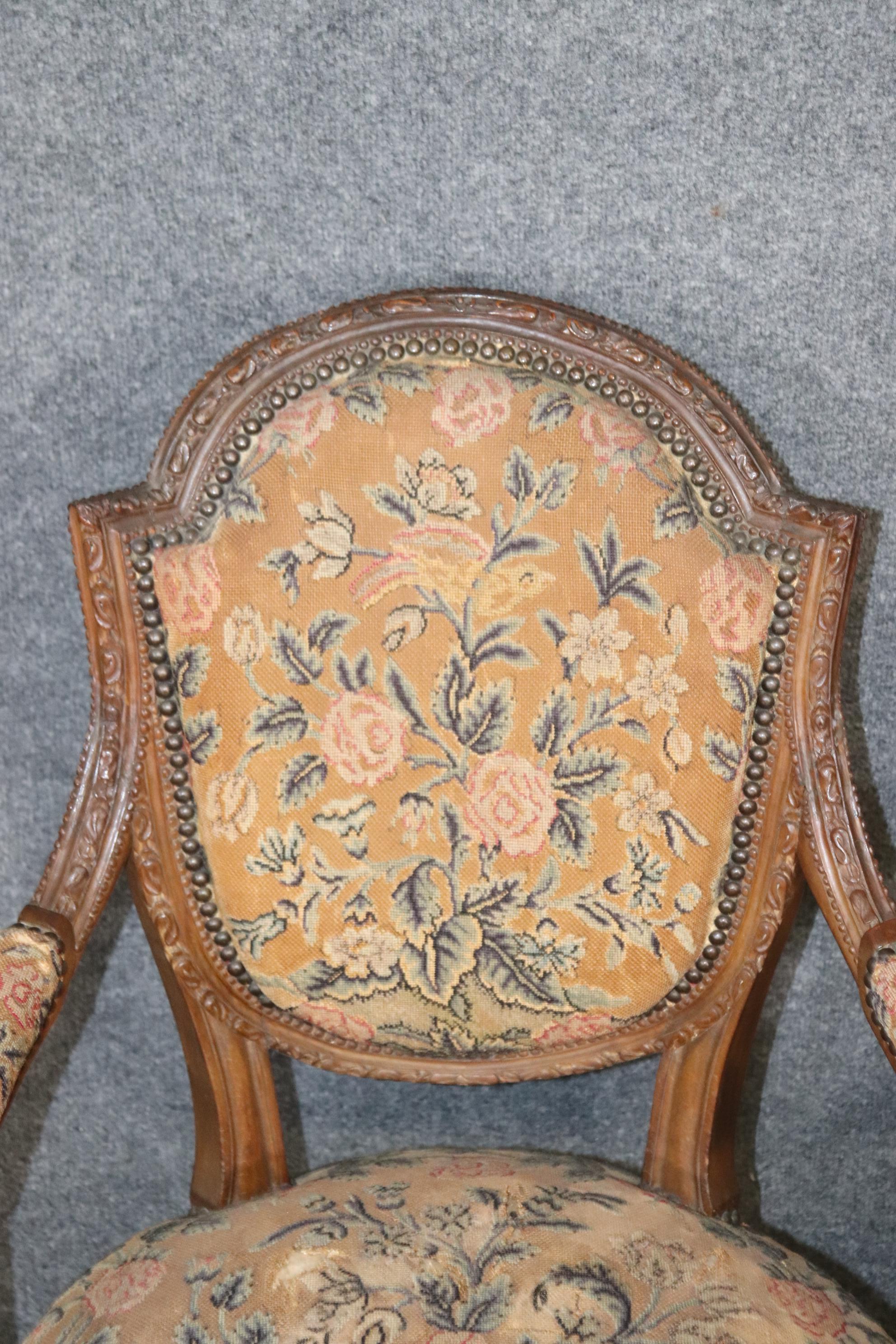 Pair Carved Walnut French Louis XVI Needlepoint Armchairs, Circa 1880 For Sale 3