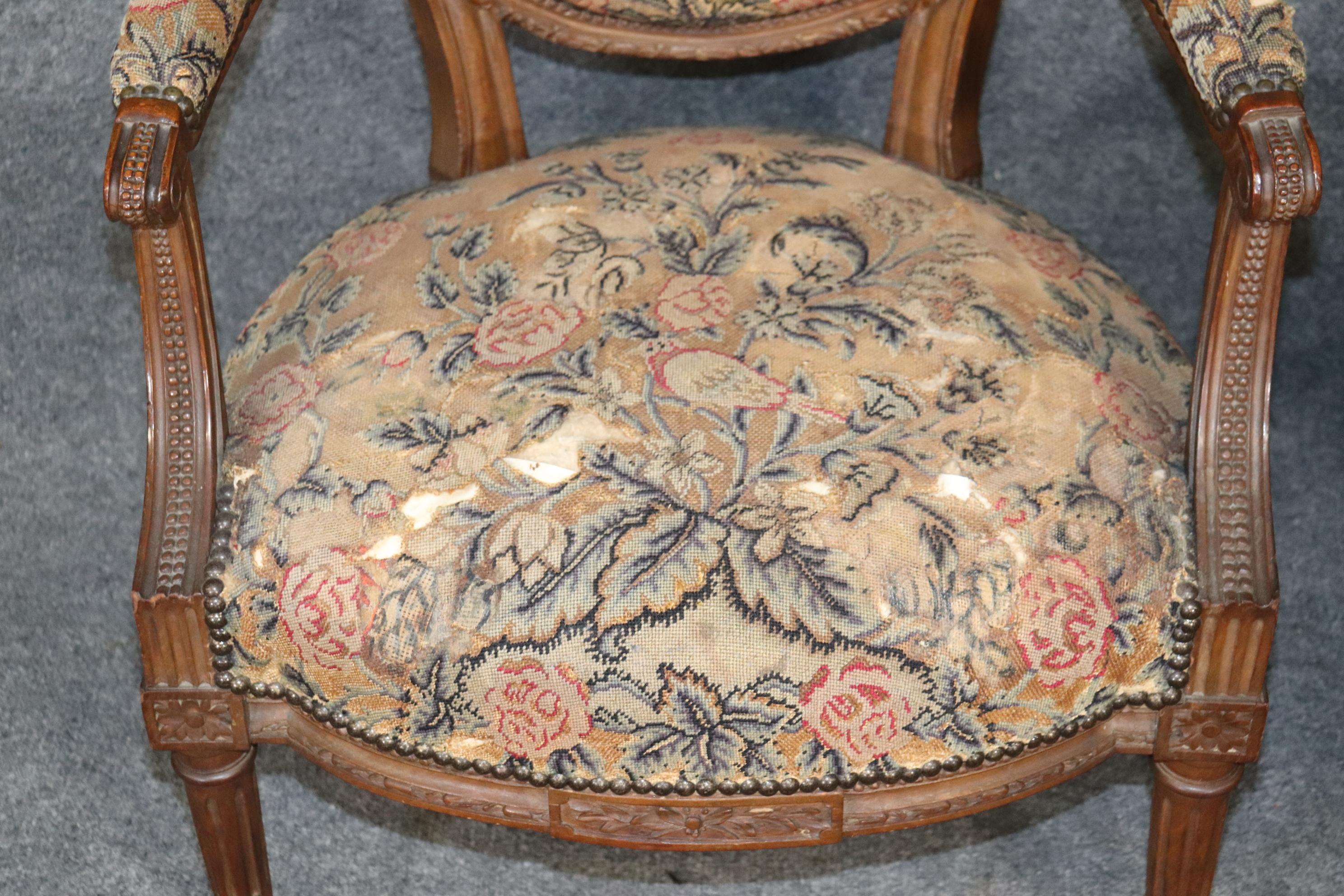 Pair Carved Walnut French Louis XVI Needlepoint Armchairs, Circa 1880 For Sale 4