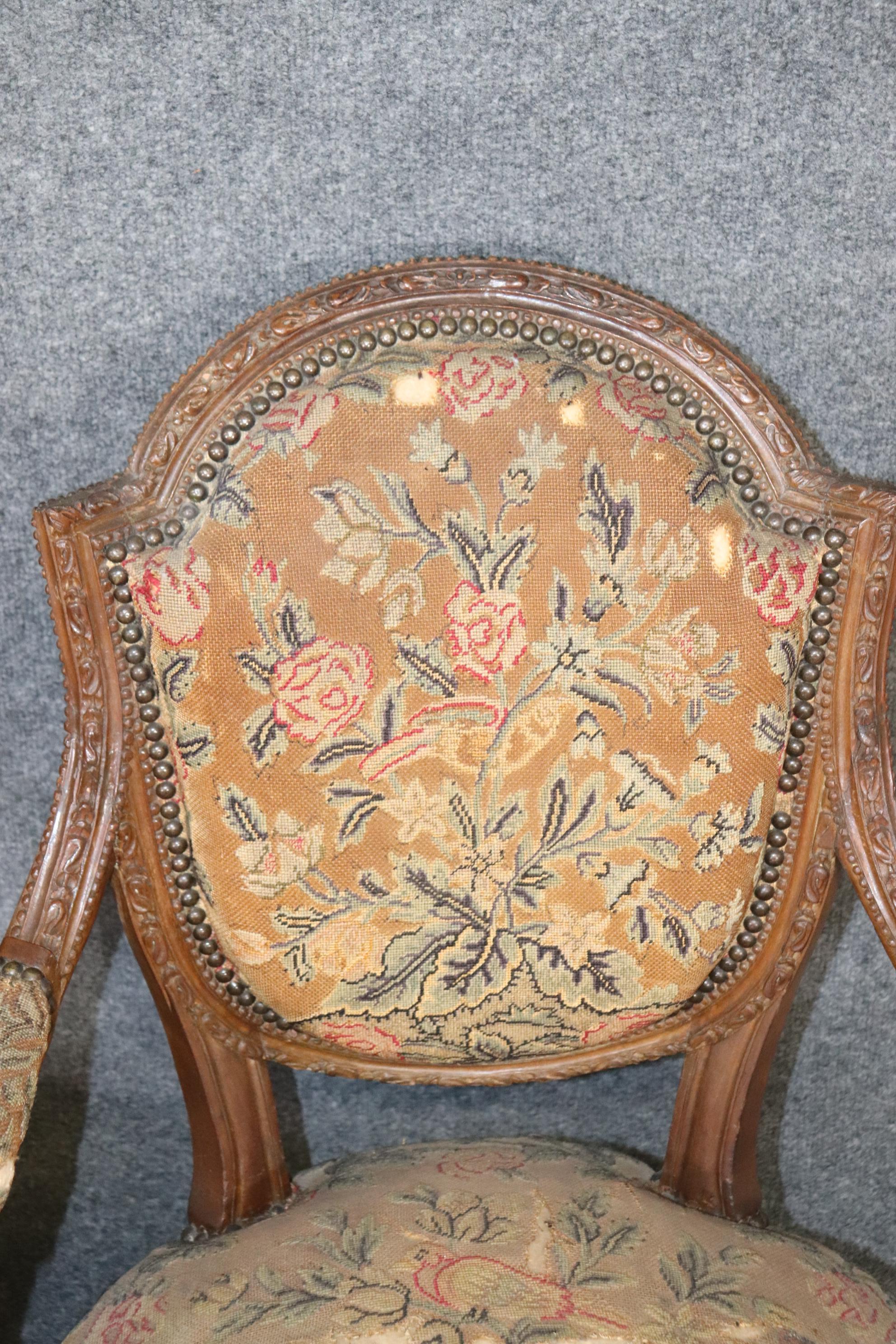 Pair Carved Walnut French Louis XVI Needlepoint Armchairs, Circa 1880 For Sale 5