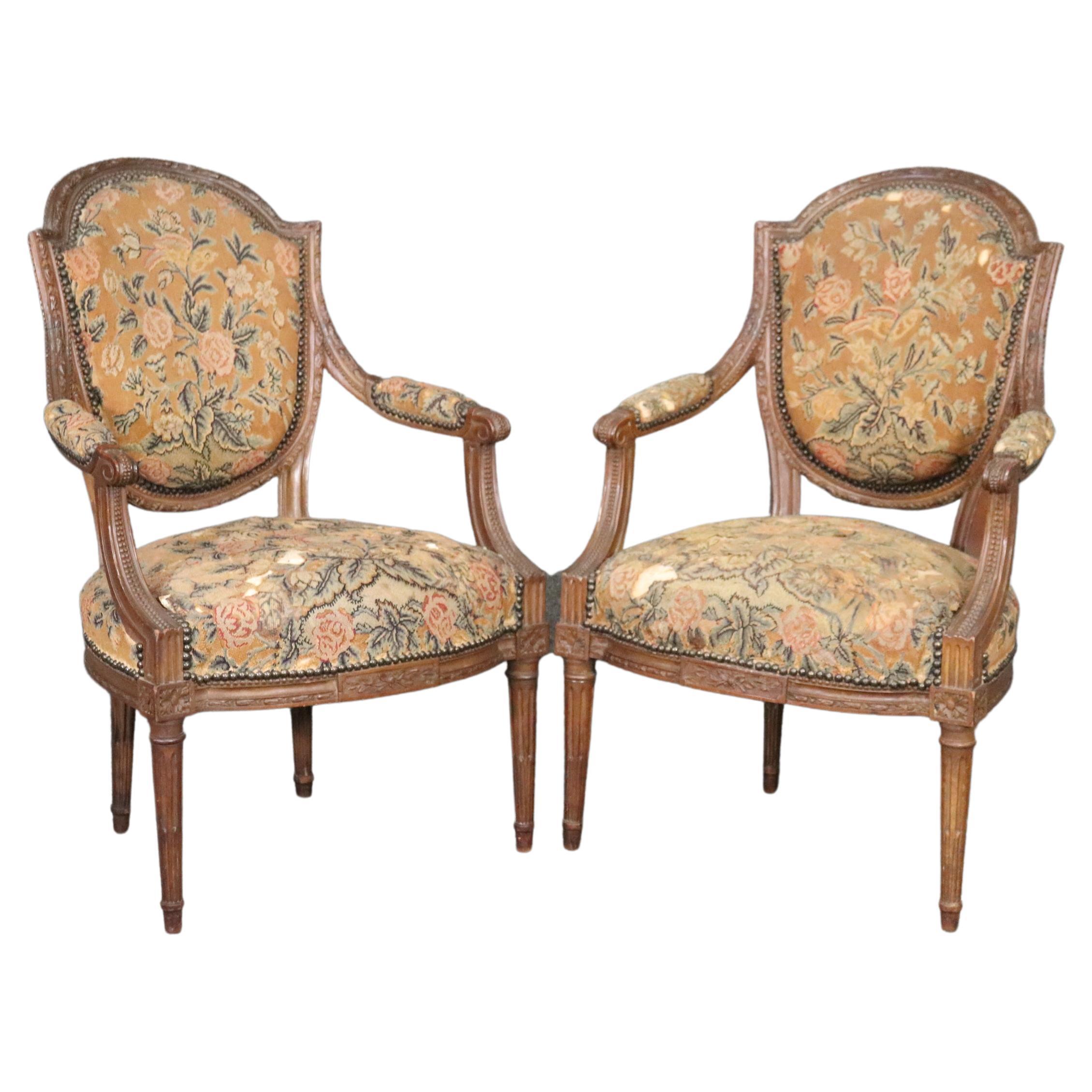 Pair Carved Walnut French Louis XVI Needlepoint Armchairs, Circa 1880 For Sale