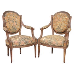 Pair Carved Walnut French Louis XVI Needlepoint Armchairs, Circa 1880