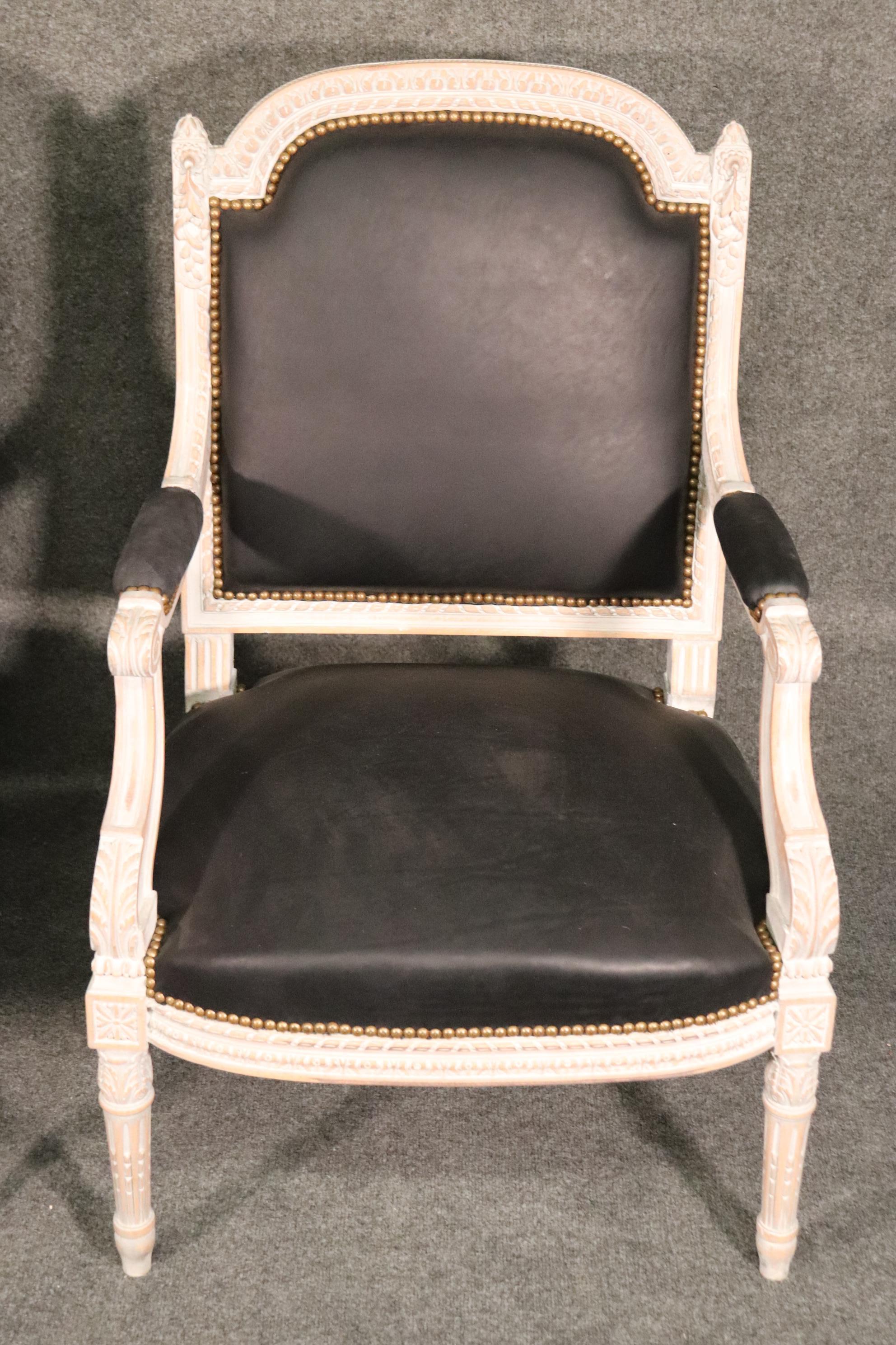 Pair Carved White Paint Decorated French Louis XVI Style Armchairs with Leather 6