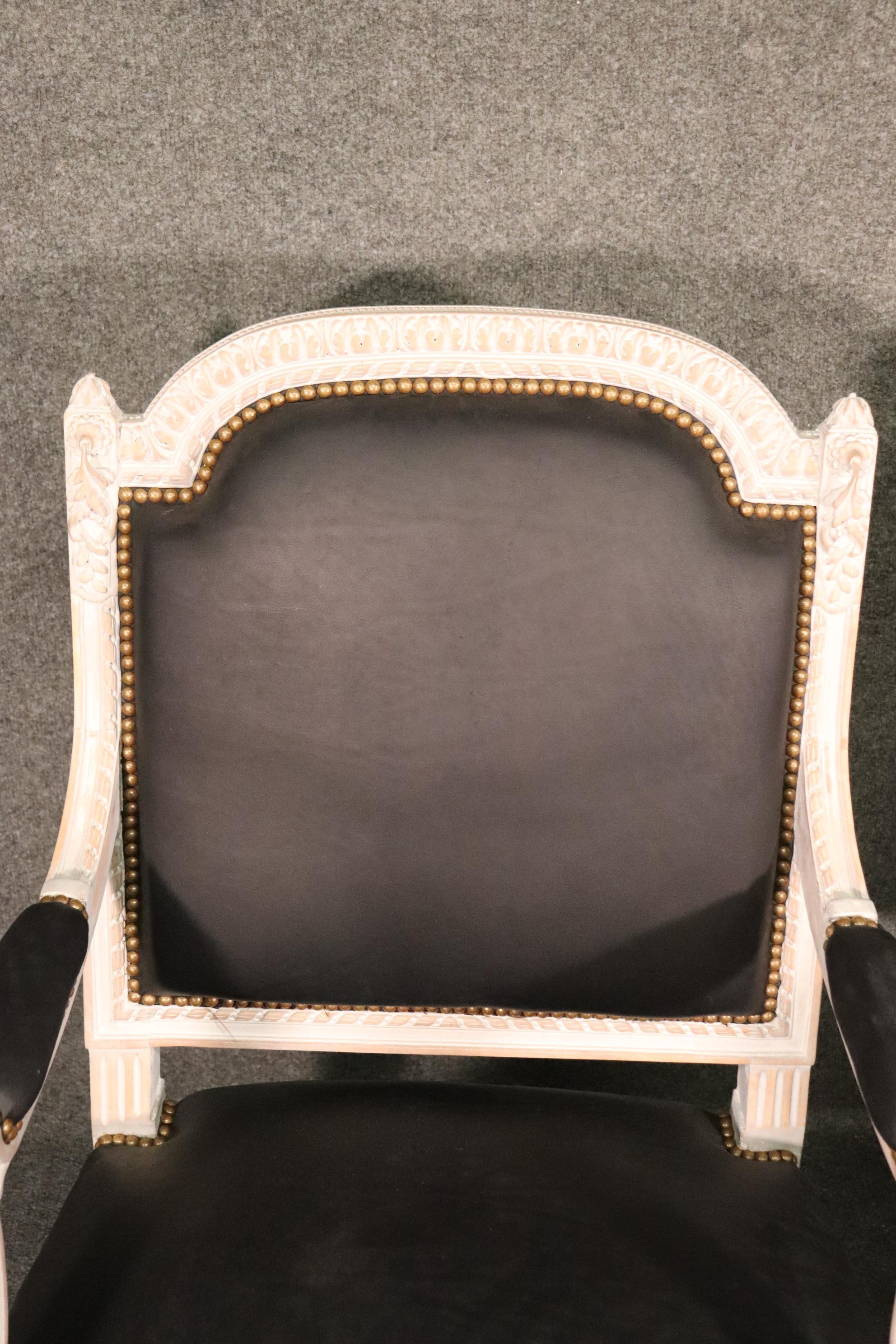 Pair Carved White Paint Decorated French Louis XVI Style Armchairs with Leather 8
