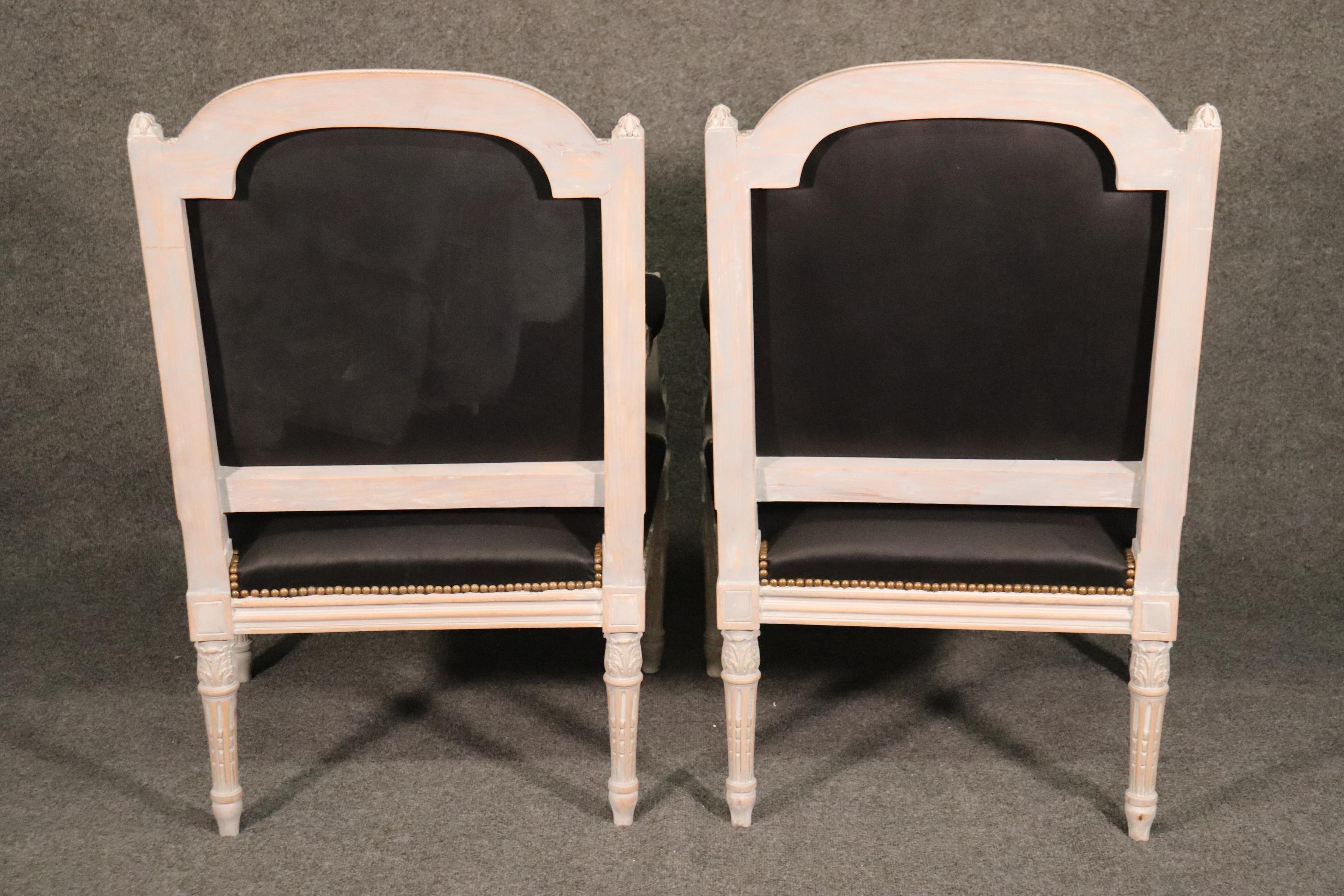 Beech Pair Carved White Paint Decorated French Louis XVI Style Armchairs with Leather
