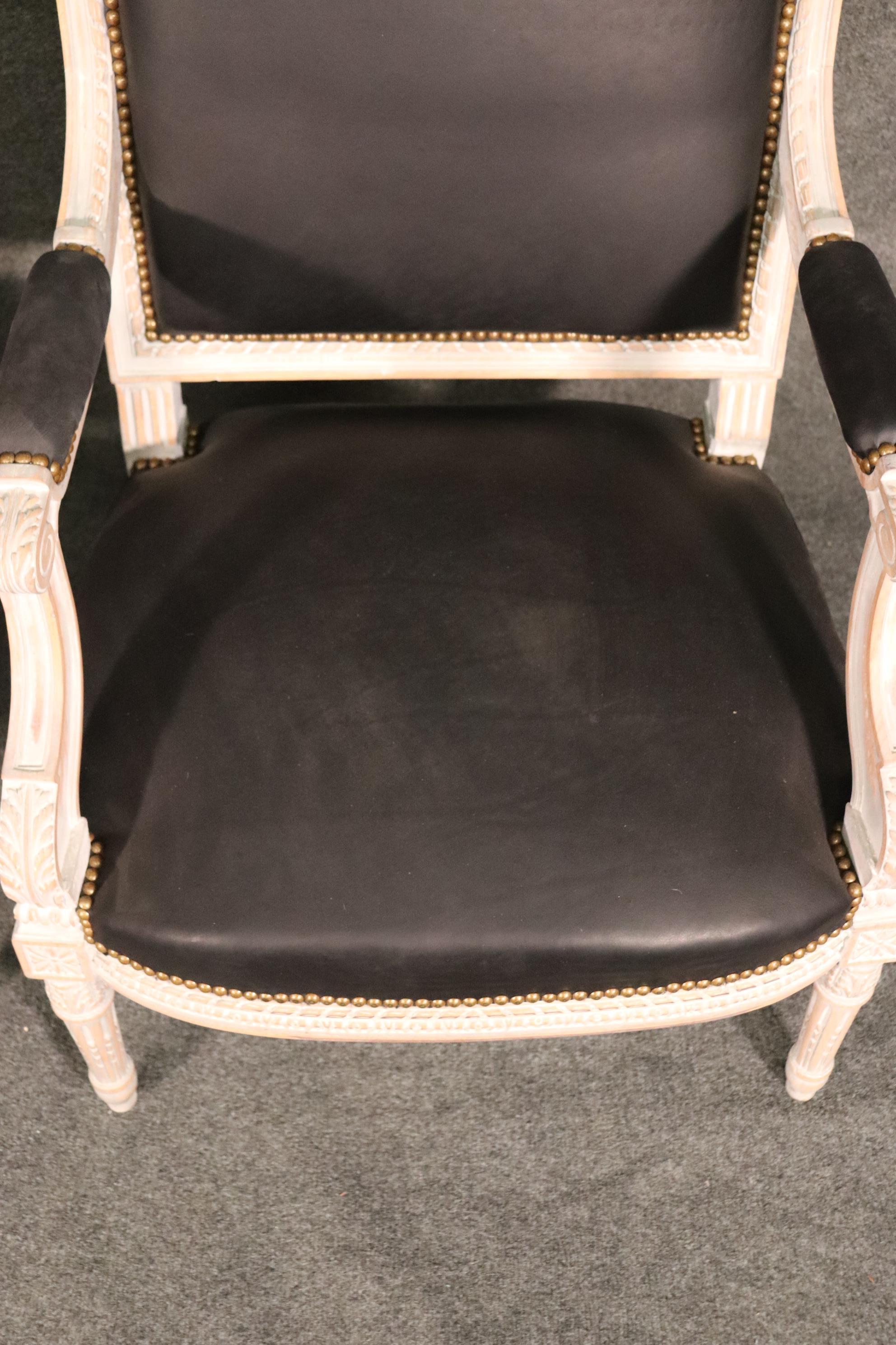 Pair Carved White Paint Decorated French Louis XVI Style Armchairs with Leather 3