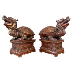 Pair Carved Wood Vintage Lóngguī Dragons aka Dragon Turtles
