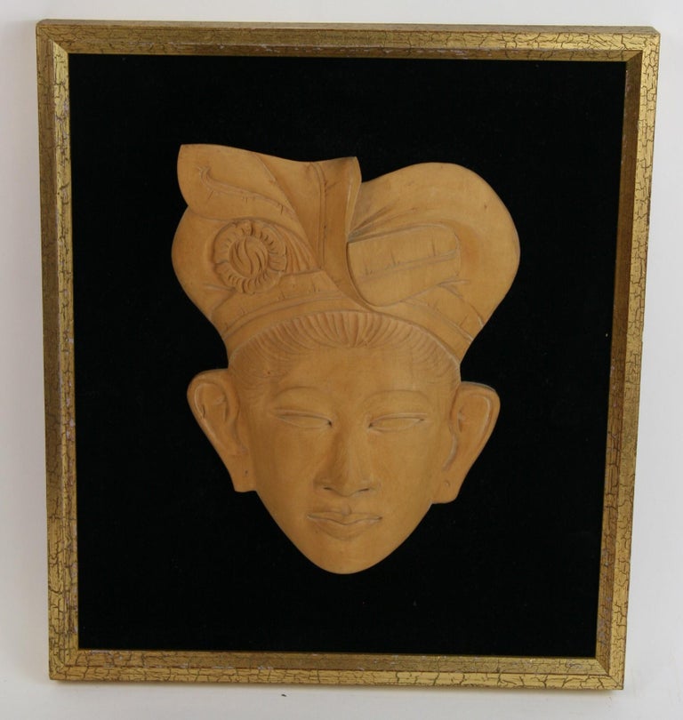 Pair of Carved Asian Wood Figural Framed Wall Sculptures For Sale at