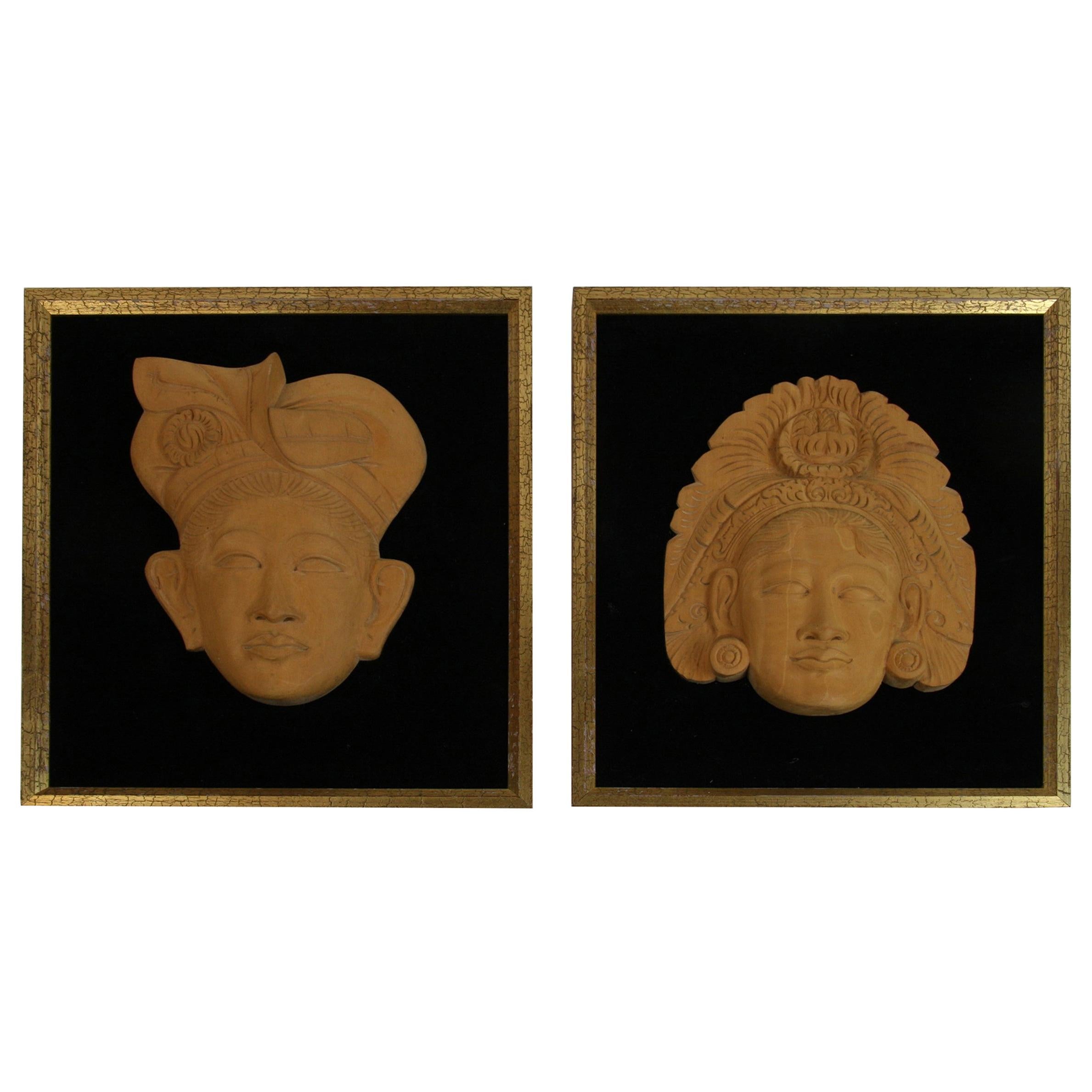 Pair of Carved Asian  Wood Figural Framed Wall Sculptures