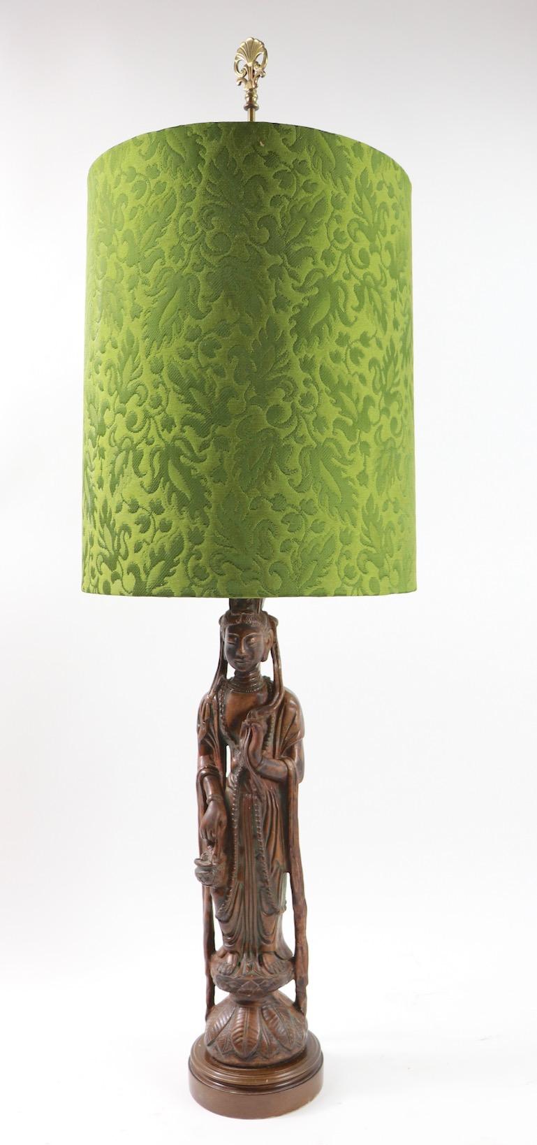 Hollywood Regency Pair of Carved Wood Tibetan Buddha Table Lamps For Sale