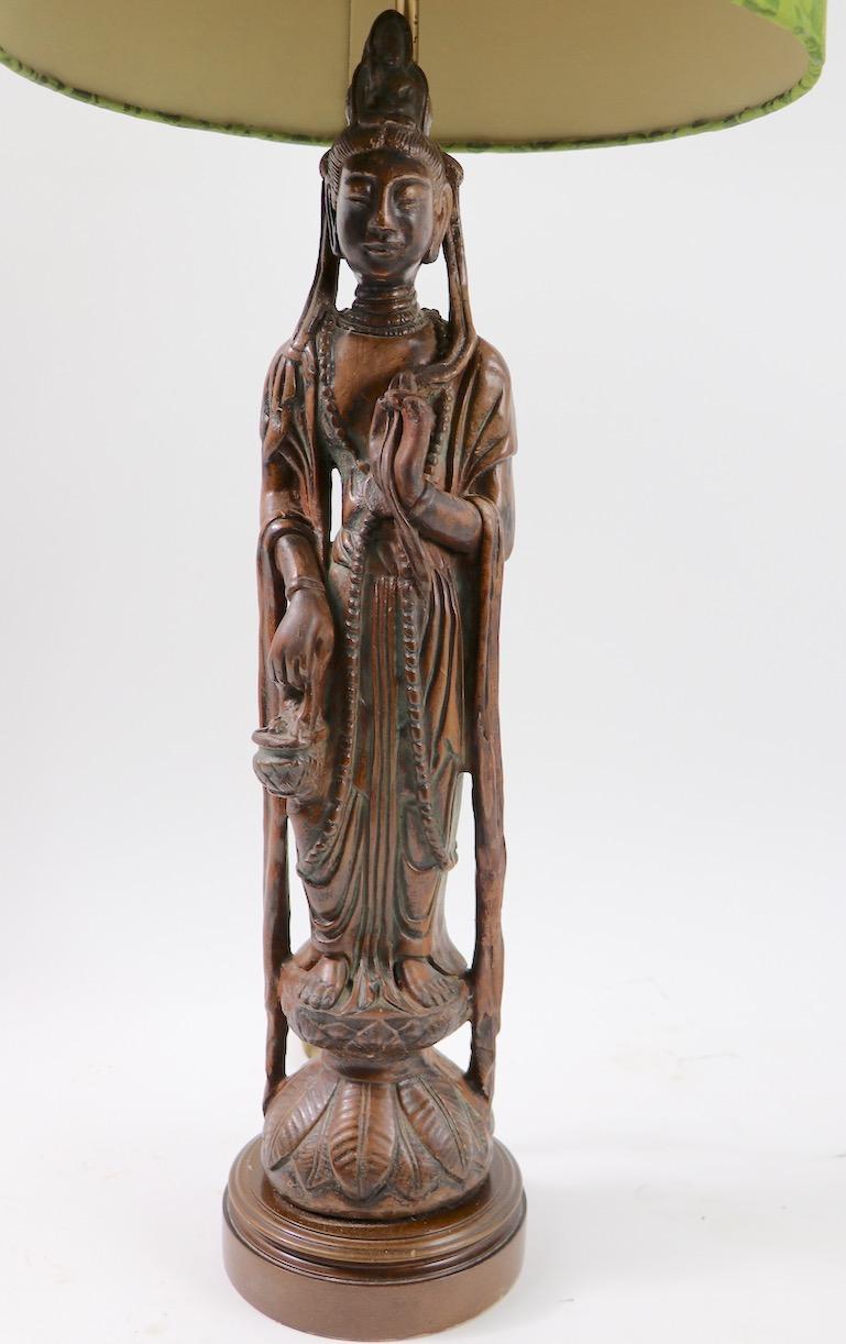 Pair of Carved Wood Tibetan Buddha Table Lamps In Good Condition For Sale In New York, NY