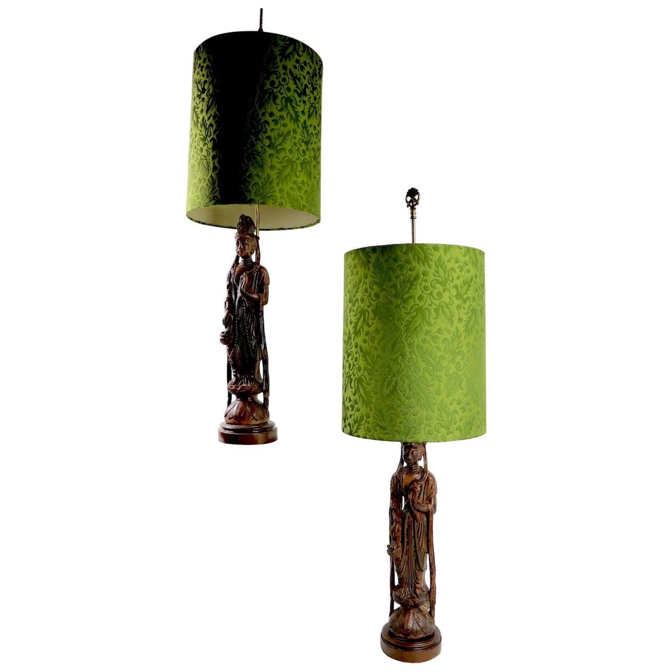 Pair of Carved Wood Tibetan Buddha Table Lamps For Sale